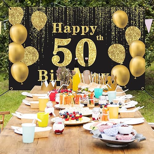 Miniatura 9 de Crenics Cartel de fondo de feliz cumpleaños 50, fondo de fotos extra grande de 50 cumpleaños, decoraciones de cumpleaños de 50 años, suministros de