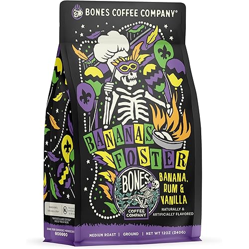 Bones Coffee Company Bananas Foster Flavored Ground Coffee Beans Banana Rum & Vanilla Flavor | 12 oz Flavored Coffee Gifts Low Acid Medium Roast Flavored Coffee Beverages (Ground)
