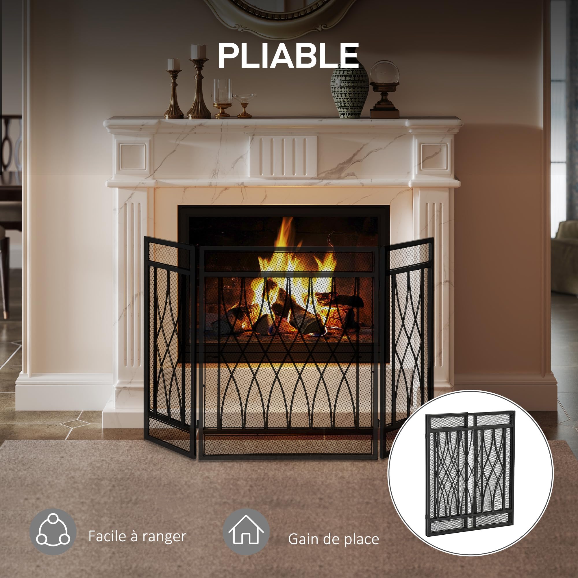 HOMCOM Grille de Protection pour Cheminée Pare-feu Large 3 Volets Pliables Métal Noir
