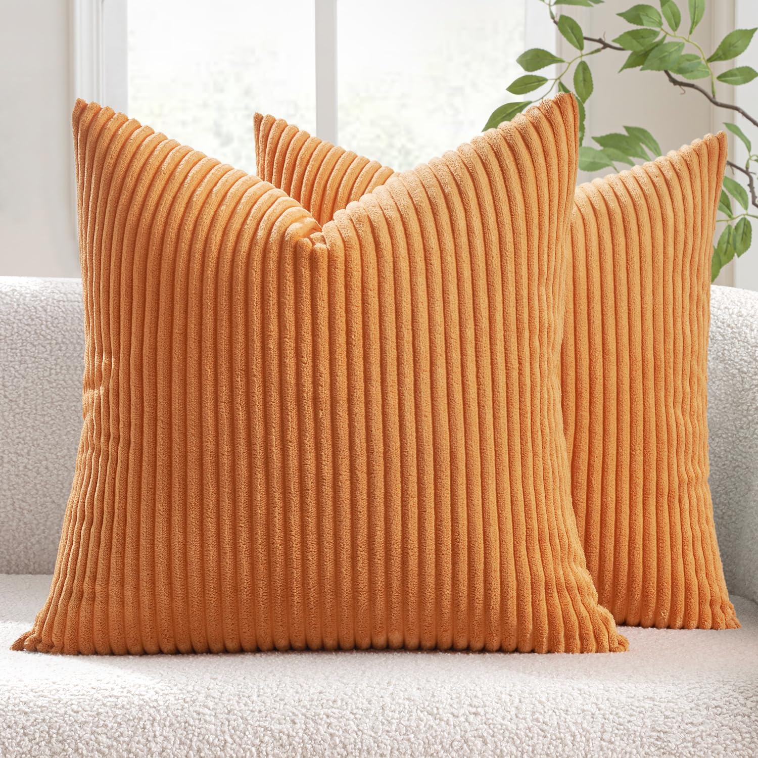 MIULEE Pack of 2 Burnt Orange Pillow Covers 18x18 Inch Soft Boho Striped Corduroy Throw Pillow Covers Set Decorative Square Cushion Cases Pillowcases for Sofa Bedroom Couch