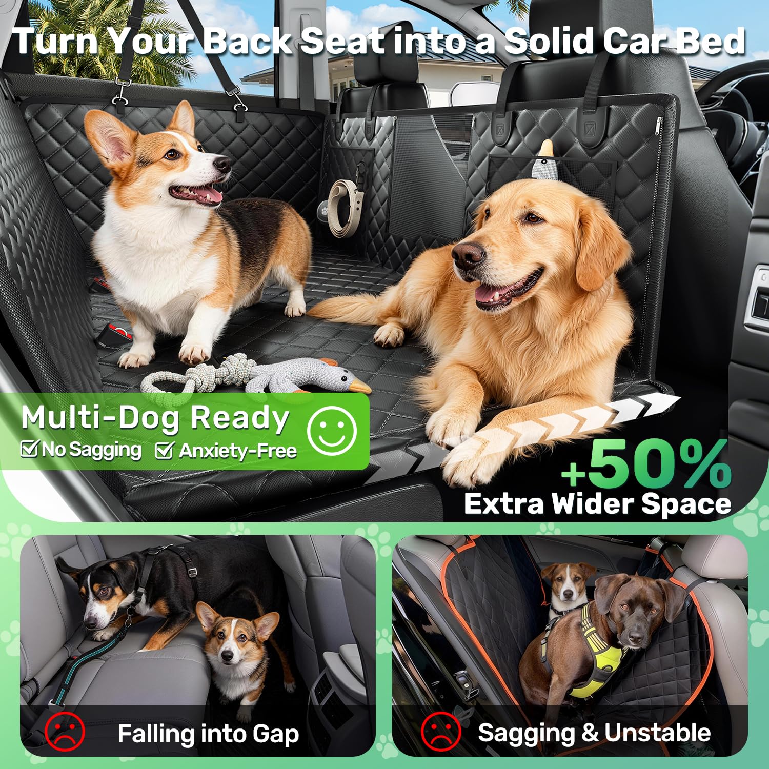 Zanch Heavy-Duty Dog Car Seat Cover, Flat Solid Back Seat Extender for Multi Large Dogs, Hard-Base Supports 450 lb, Waterproof Scratchproof Hammock Protector, Standard for Cars, SUV, Trucks, Black - image 2