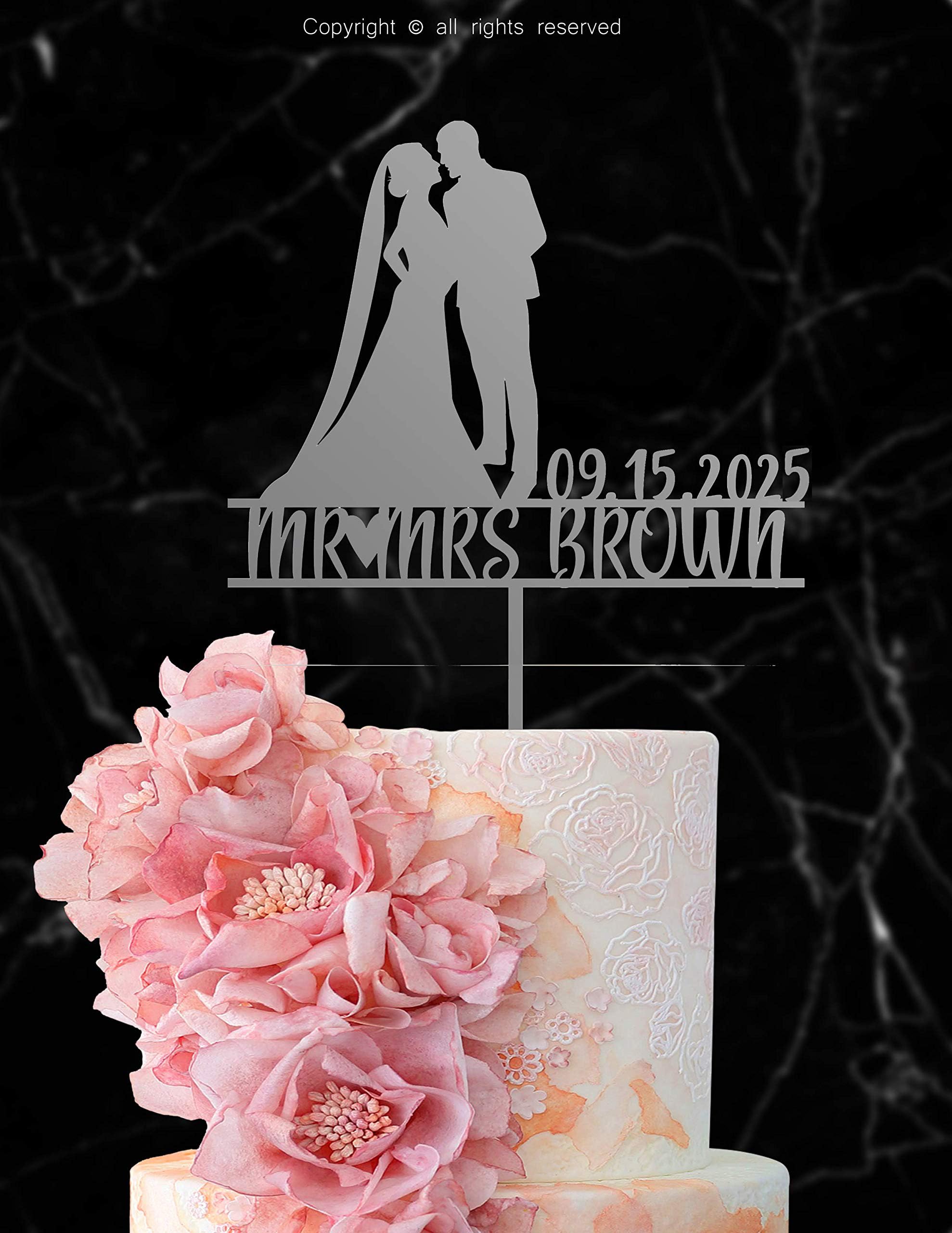 Personalized Wedding Cake Topper With Customized Bride and Groom Last Name or Marriage Date for Mr Mrs (Rustic Silver)