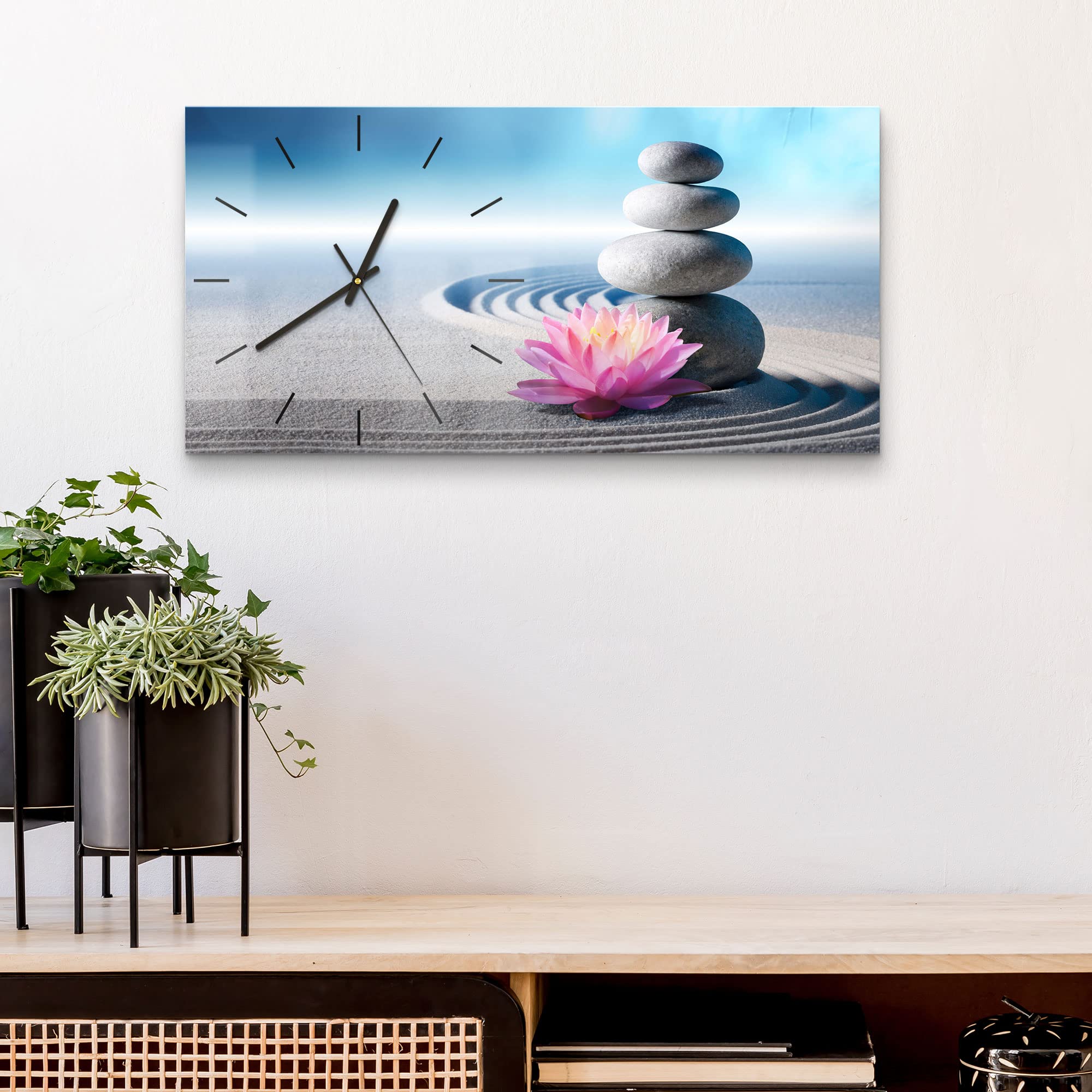 DEQORI Szklany zegar | pionowy 60 x 30 cm | motyw ogrodu Zen | duży designerski zegar XXL ze szkła | cichy zegar ścienny do salonu i kuchni | nowoczesny zegar przyciągający wzrok na ścianę