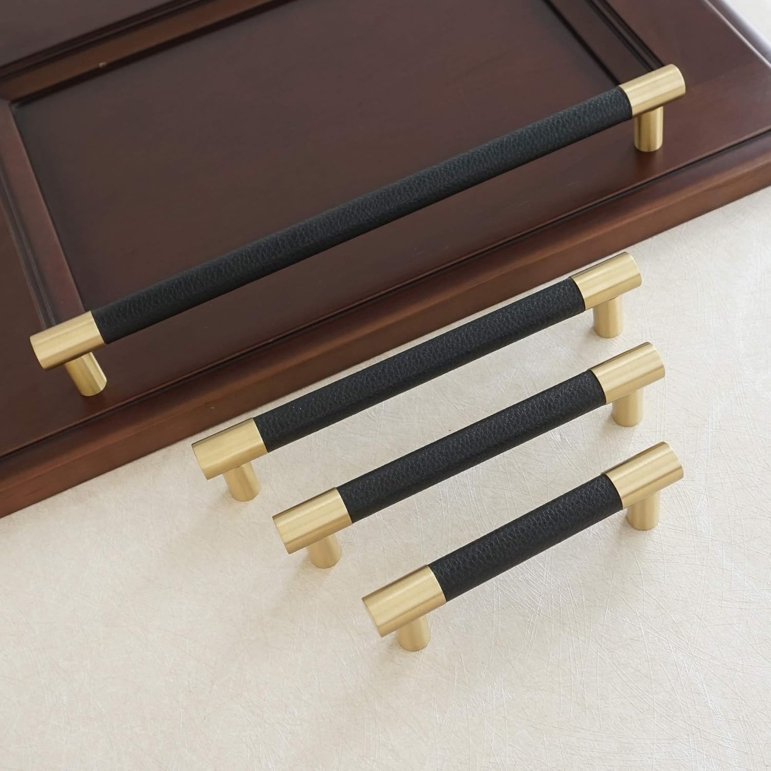 MFYS Black Leather Drawer Pulls for Dresser Knob Gold Handle for Cabinet Pulls Brushed Brass Cupboard Knob (1, 7 9/16" Hole to Hole)