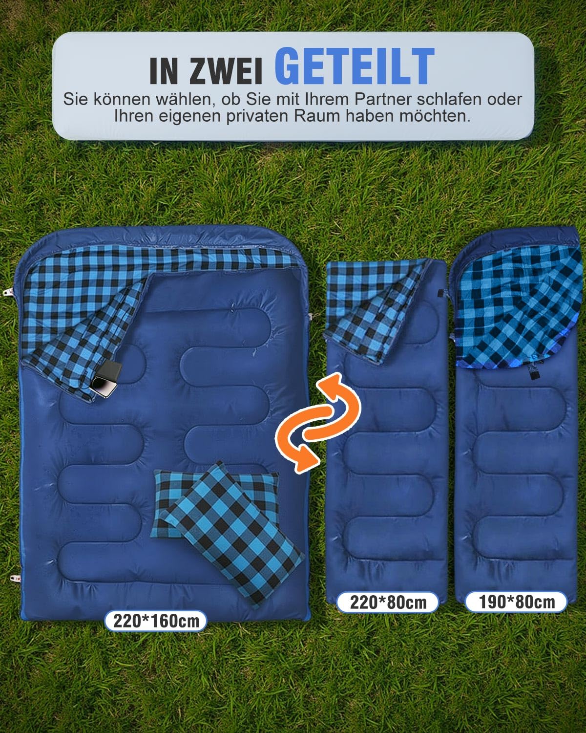 Doppelschlafsack Flanell, 2 Personen Schlafsack Outdoor 220 x 160 cm, Verbesserter Doppel Zippern, mit 2 Kissen und Tragetasche, Erwachsene Deckenschlafsack für Familie