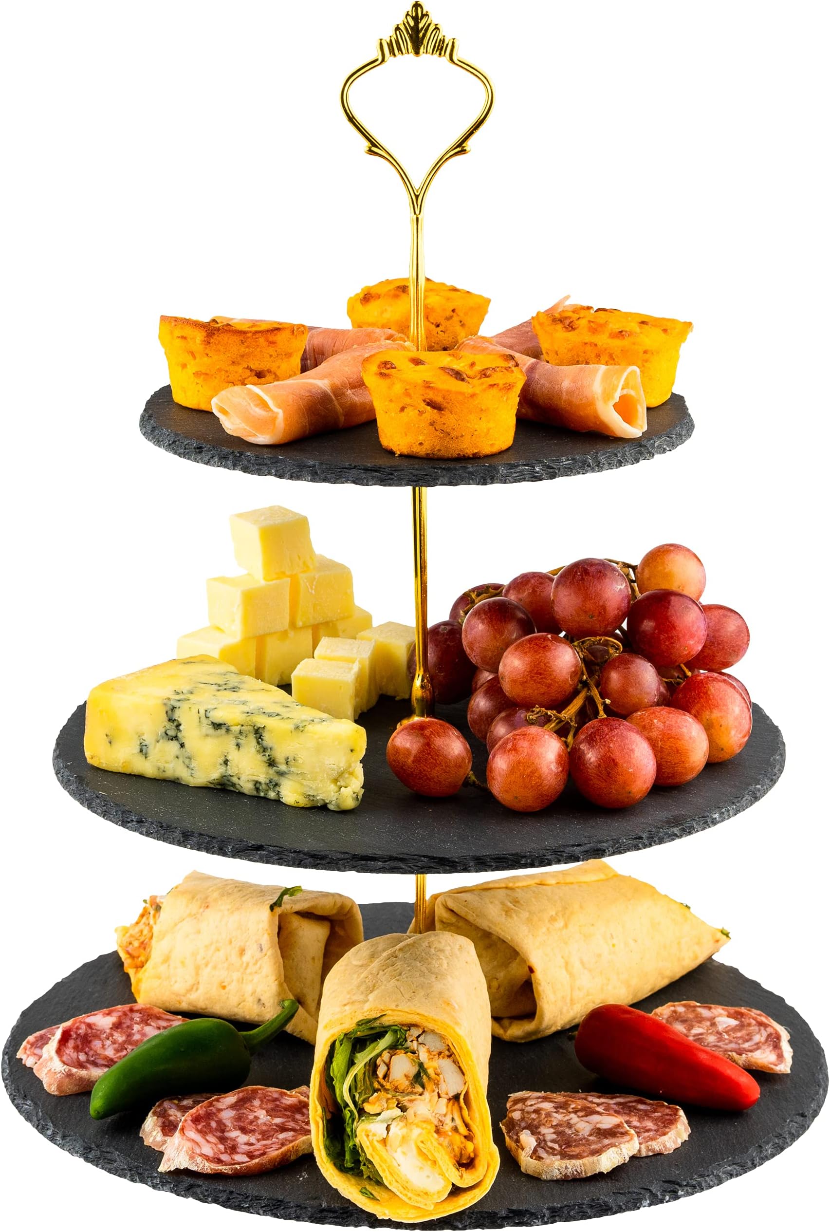 Nyxi 3 in 1 Cake Stand 100% Natural Slate Round Rough Edges Display with Gold Fittings, Can be Used as 3 Tier, 2 Tier & Single Tier Stand Based