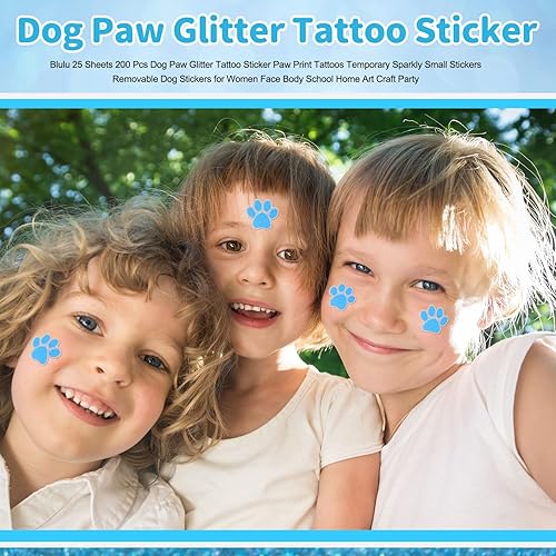 Blulu 25 Sheets 200 Pcs Paw Print Tattoos Temporary Dog Paw Glitter Tattoo Sticker Sparkly Small Stickers Removable Dog Stickers for Cheer Patrol Women Face Body Home Art Party Supplies(Purple)(Blue)