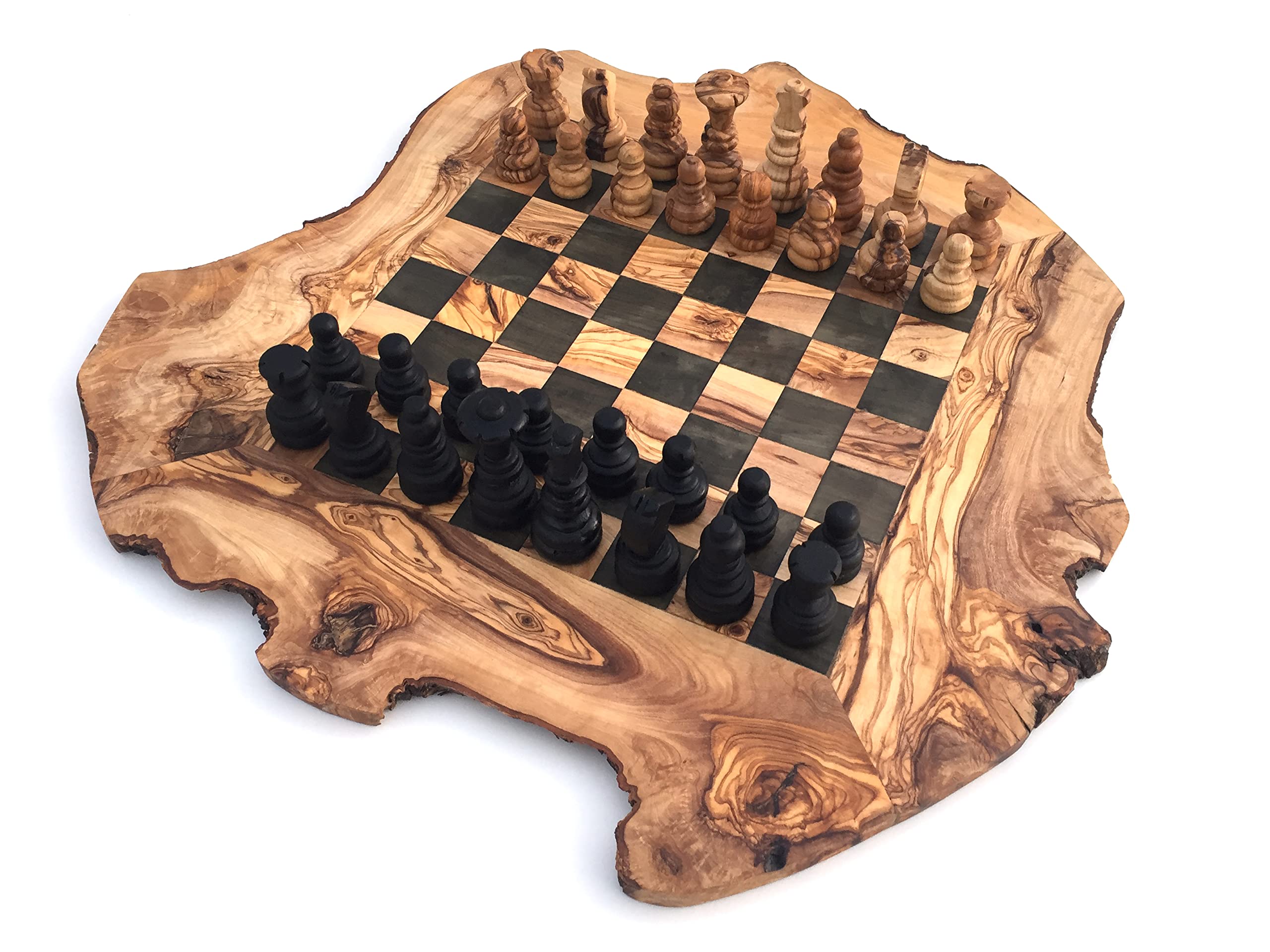 Generisch Jeu d'échecs rustique, échiquier taille XL incluant les pièces, en bois d'olivier, fait main - 2 joueurs, âge 12+