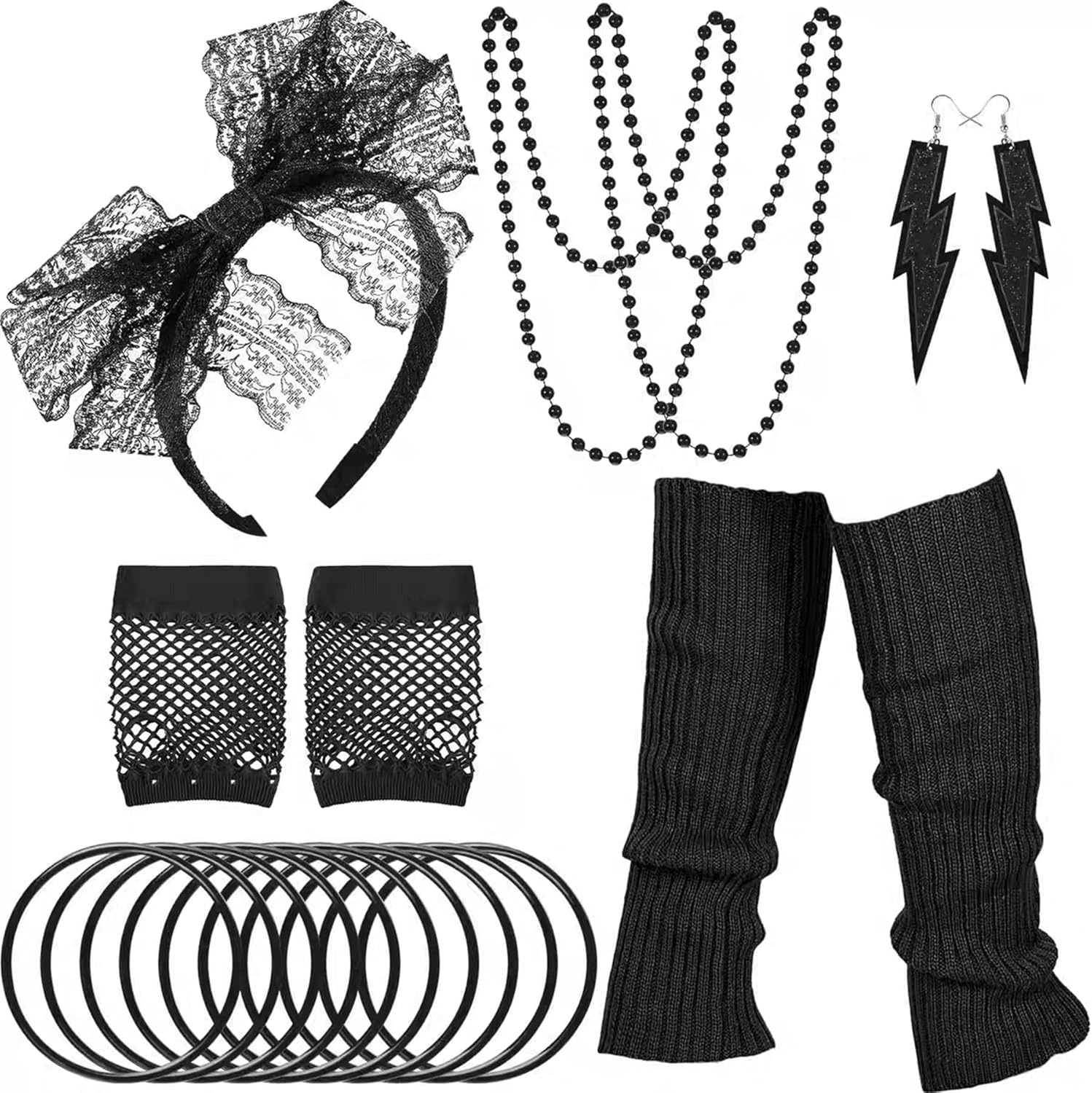 Accessory Set for Girls, Black, Lace Headband, Bead Necklace, Fishnet Gloves, Leg Warmers, Bracelets, Earrings, Neon Theme