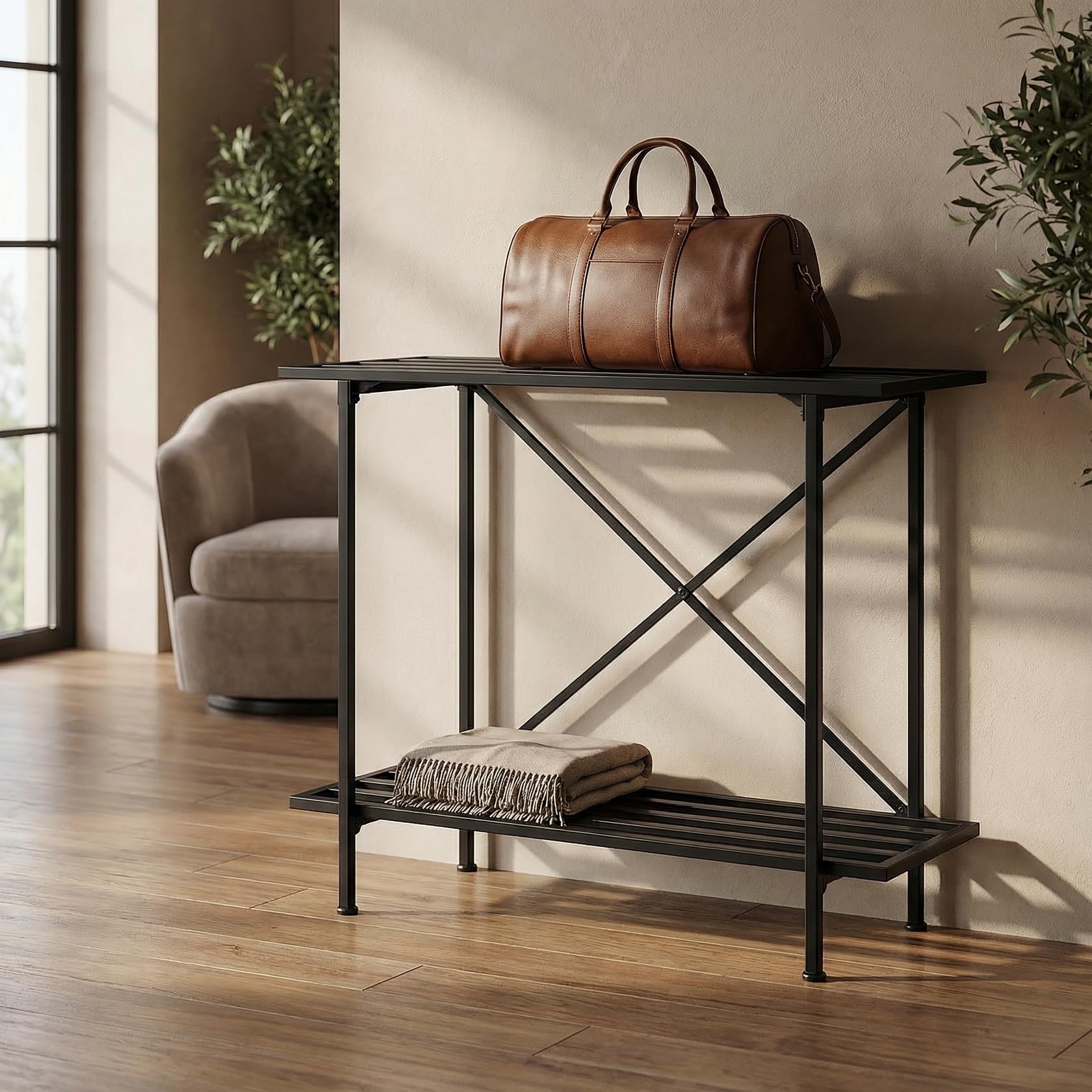 ecofynd Metal Luggage Rack, 2-Tier Space-Saving Travel Organizer, Stable Luggage Holder for Guest Room, Bedroom, Hotel, Holds up to 150 Kg, Strong, Non-Slip Feet, X-Cross Brace at Back (Black)-image-27
