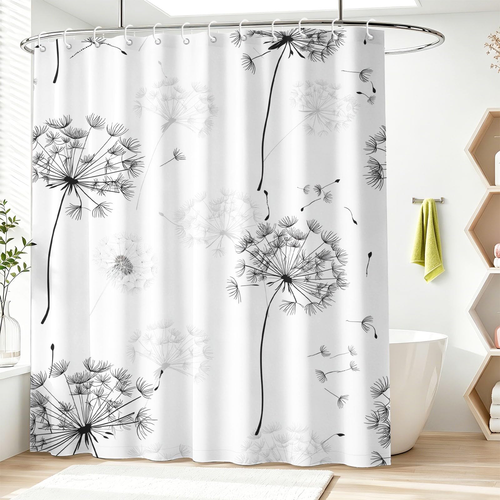 Generisch Nordycka zasłona prysznicowa z motywem botanicznym, 240 x 200 cm, elegancka zasłona z kwiatów, do łazienki, wanny, odporna na pleśń, wodoodporna, z mikrofibry, na przelotkach, biała