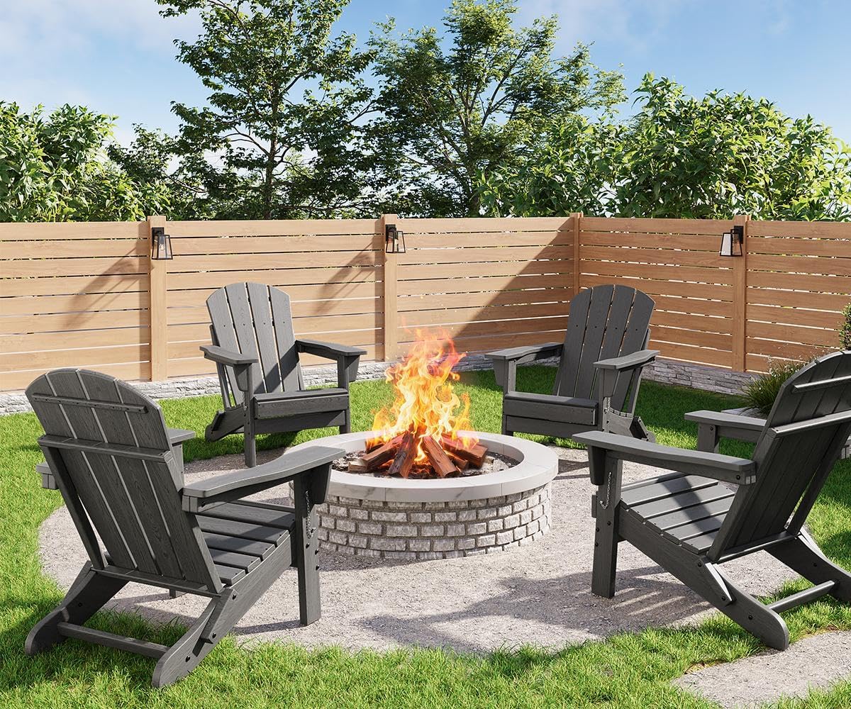 GarveeLife Folding Adirondack Chairs Set of 4, HDPE Plastic Outdoor Chairs with Wood Texture - 380 LBS & Weather Resistant for Fire Pit, Deck, Patio, Pool, Backyard - Gray