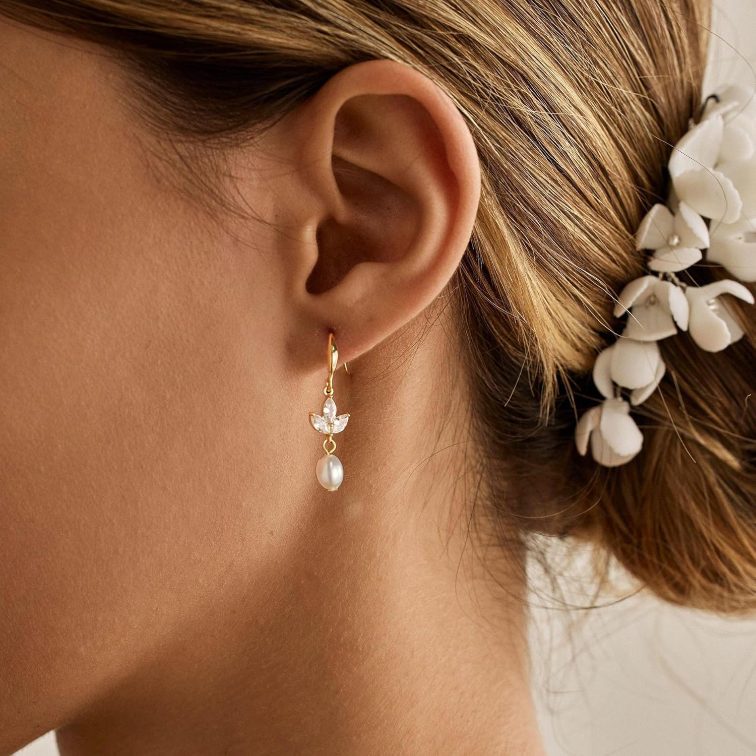 Pearl Dangle Earrings for Women, Dainty Wedding Earrings for Brides Trendy 14K Gold Plated Pearl Drop Earring Cute Prom Jewelry Gifts for Women - Image 2