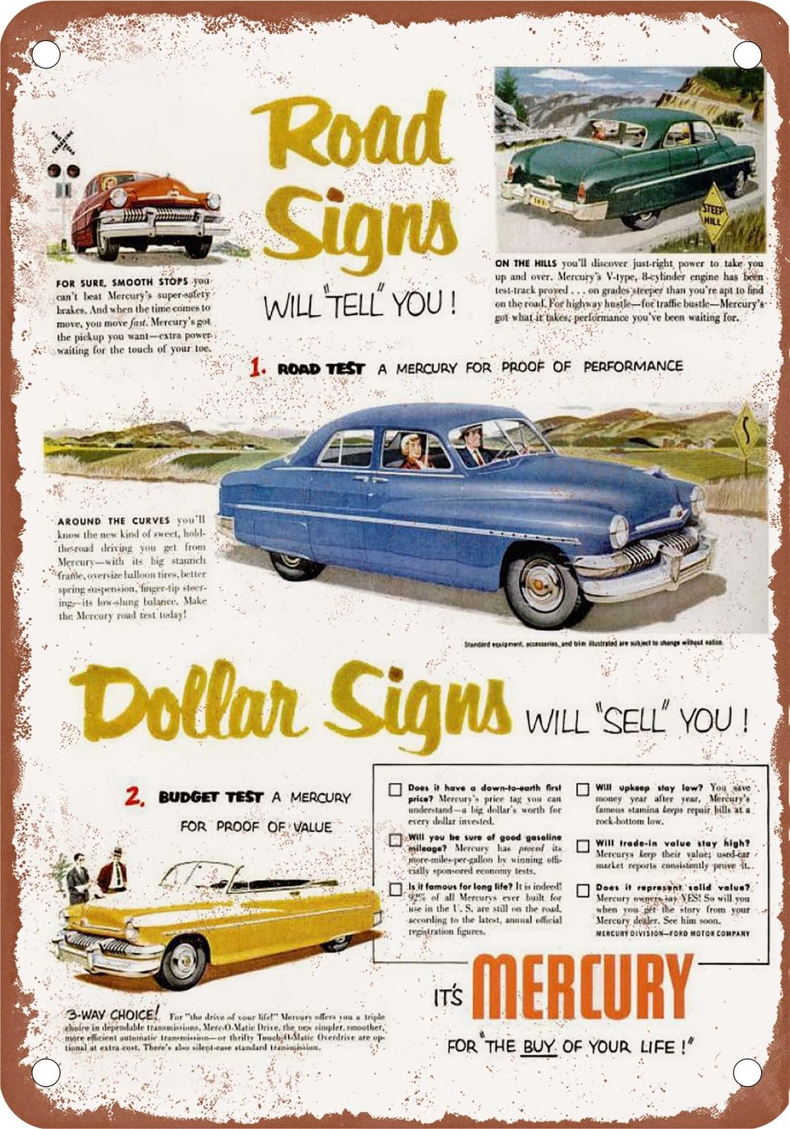 METAL SIGN - 1951 Mercury Vintage Ad 06 - Old Retro Rusty Look home decor
