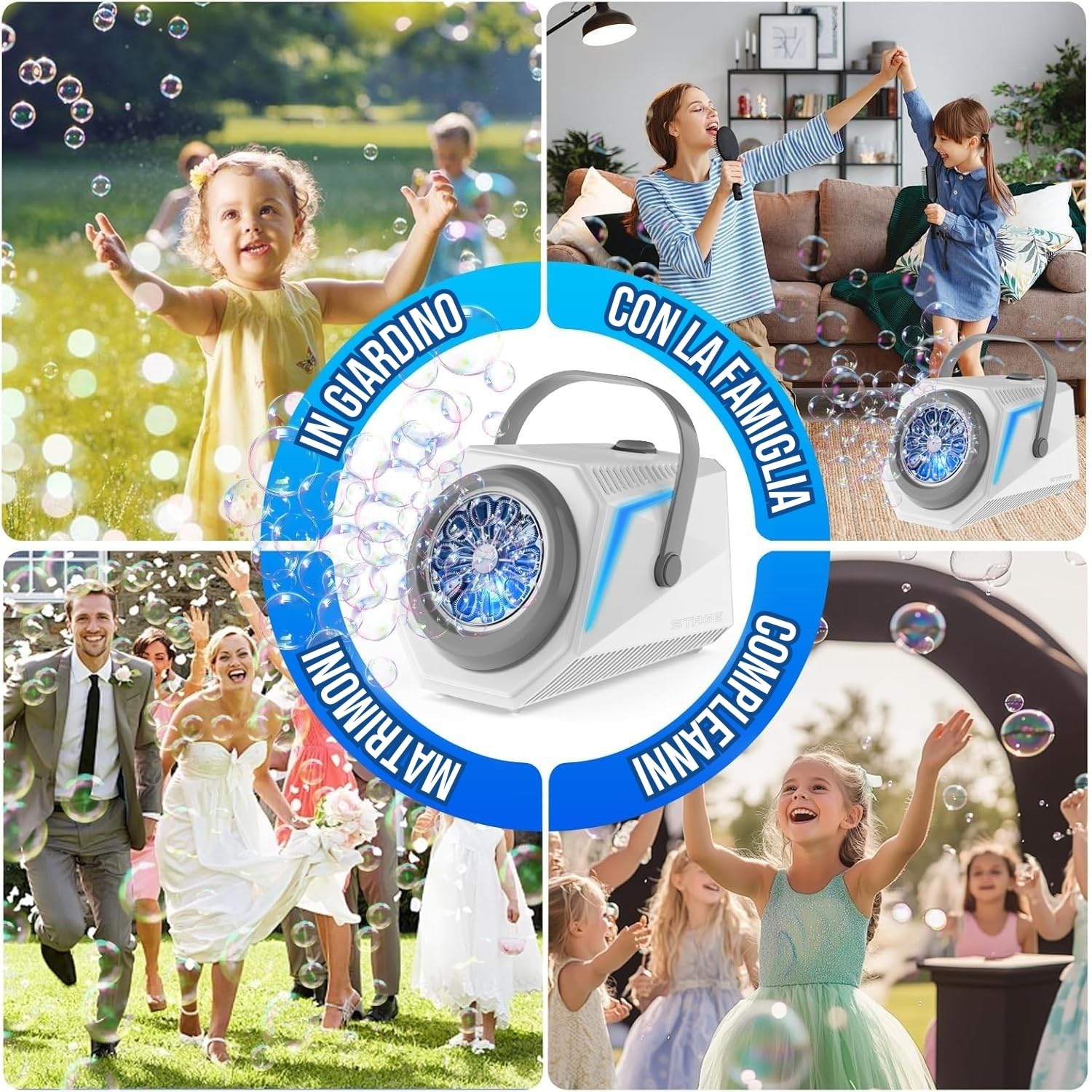 Blubbel Macchina Bolle di Sapone LED, 2x 90ml Liquido + 1L Automatico Pistola Sparabolle Bambini, Bazooka d'Aria, Bubble Gun, Giocattolo Estivo, Regalo Matrimonio, Gioco all’Aperto