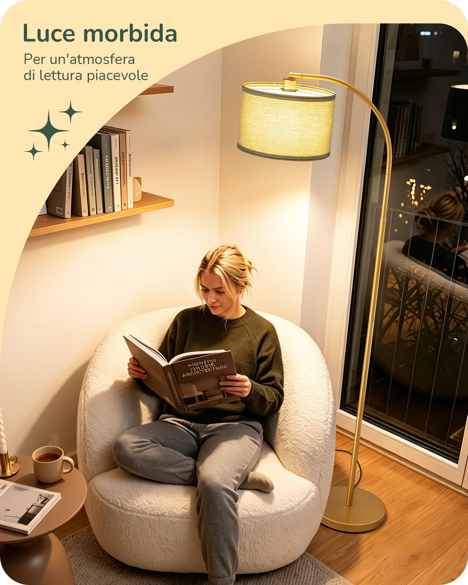 EDISHINE Lampada da Terra Soggiorno, Testa Orientabile, Verde Salvia & Oro | Struttura in Metallo & Paralume in Tessuto, Attacco E27, Lampadina LED 2700K Bianco Caldo Inclusa, per Camera da Letto