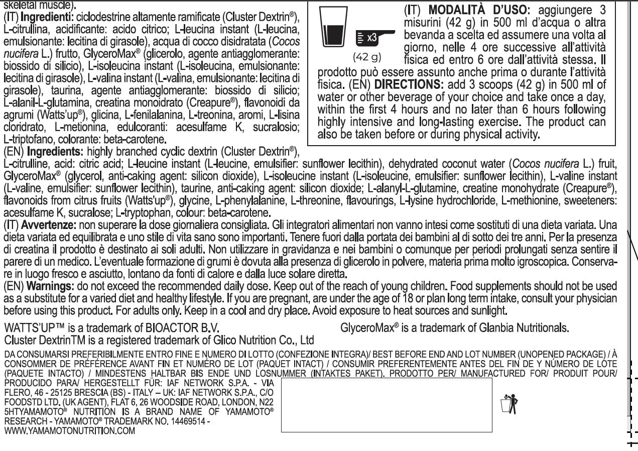 YAMAMOTO Nutrition, Energan 700 gr, Integratore Alimentare per Sportivi, Bevanda Intraworkout per Crescita Muscolare con Carboidrati, Amminoacidi, Creatina e Taurina