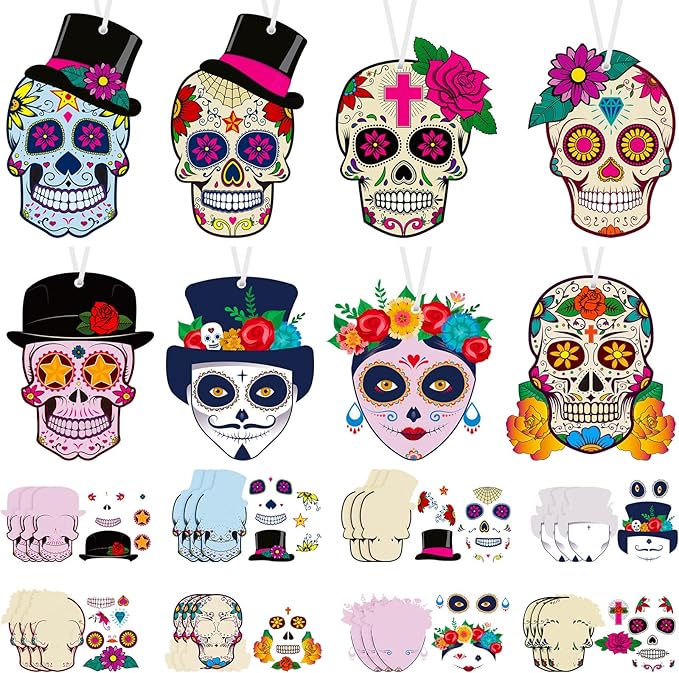 Sumind 48 Sets Day of Dead Decorations Sugar Skull Crafts Kits for Kids Dia De Los Muertos Decor Halloween Ghost Ornaments Halloween Day of Dead Fiesta Party Supplies Fun Home Activities Classroom
