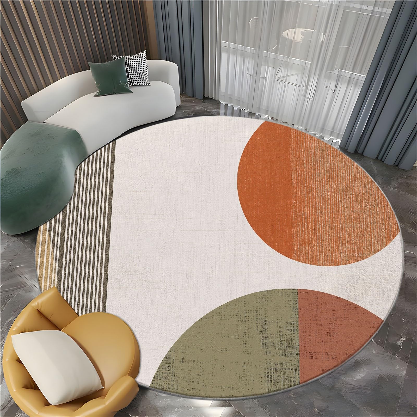 Rund Teppich Schlafzimmer Terrakotta Olivgrün und Beige Geometrie Erwachsener Kind Wohnzimmer Rund Teppich rutschfeste Flauschiger Rund Teppich Waschbar Flanell Rund Teppiche 140 cm