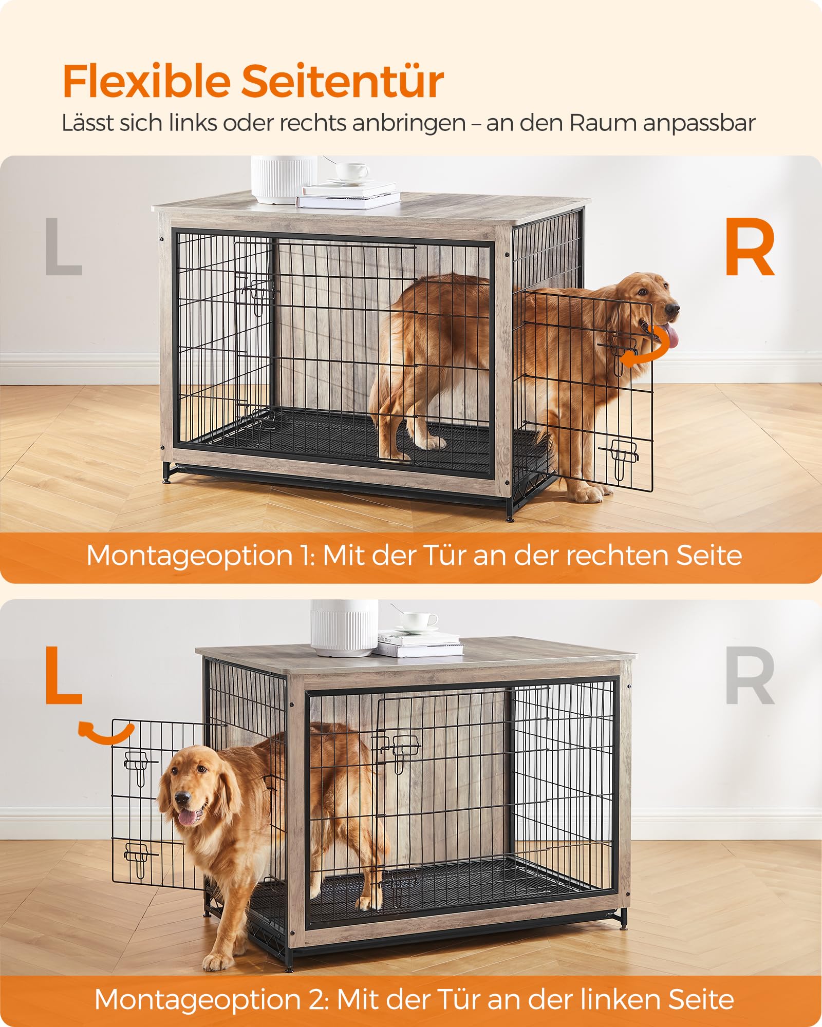 Feandrea Hundekäfig Möbel, Beistelltisch, Hundebox, Moderne Hundehütte Indoor für Hunde bis zu 36 kg, hochbelastbar, Hundehaus für Zuhause, herausnehmbares Tablett, 2 Türen, Greige PFC004G01