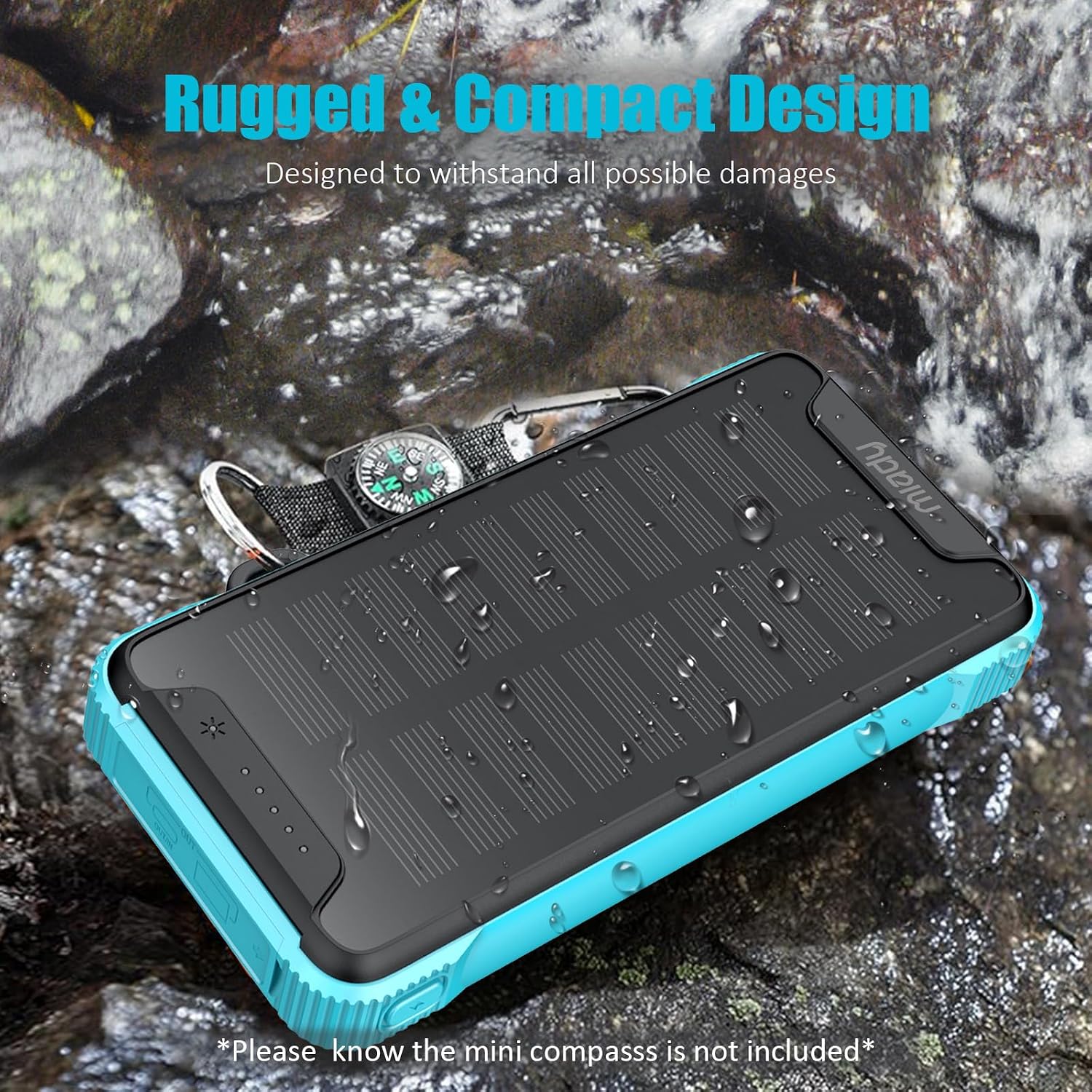 Miady power bank on wet rocks with water droplets, showing its rugged and waterproof design