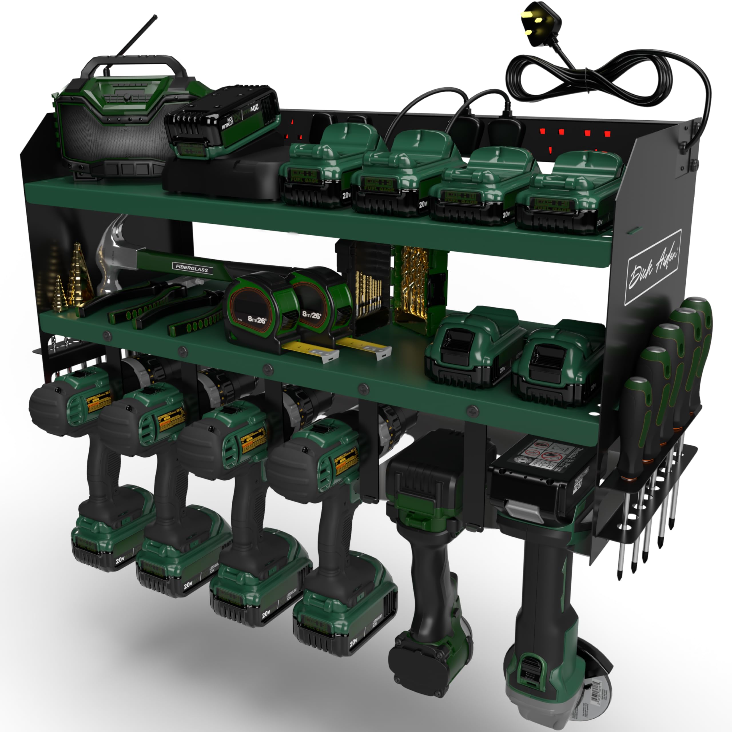 Toolganize Green 6-Slot Power Tool Organiser, Storage Rack With Power Strip Charging Station, Heavy-Duty For Workshop & Garage Tools - 6 Slot, Metabo Green.