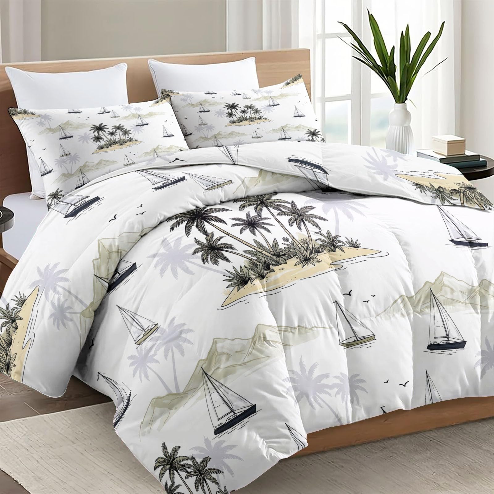 Edredón de isla tropical sin funda de 220 x 240 cm, 4 estaciones, lavable, crema ligera, respetuosa con la piel, paisaje marino natural, velero, hoja de palma, edredón suave y cálido