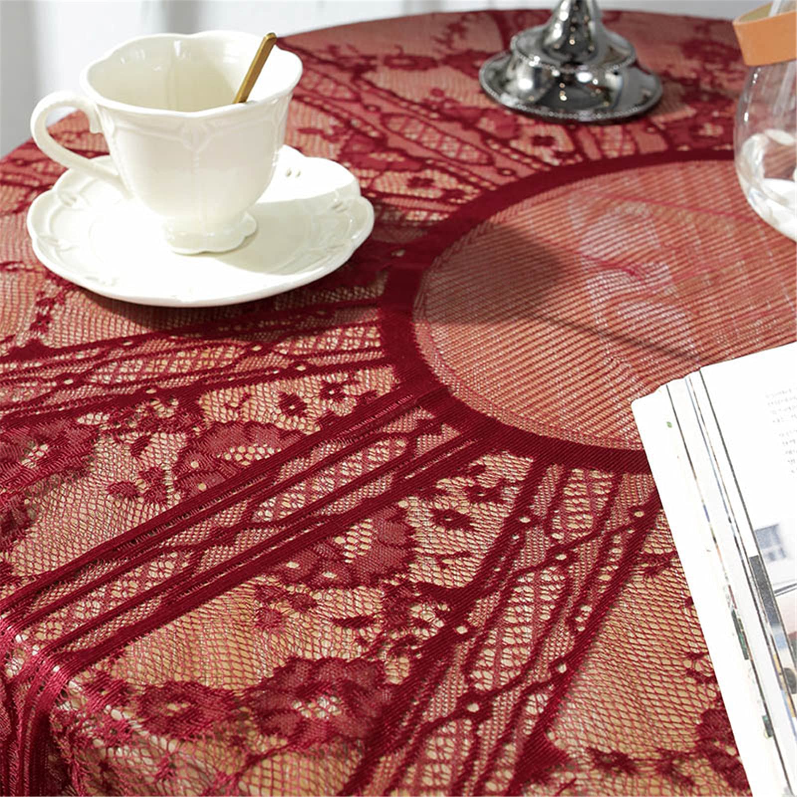 Rote Spitze Tischdecke Bestickt Elegante Florale Muster Tischtuch Runde Overlay Tischdecke für Hochzeit Party Urlaub Lange Abendessen Home Decor (Rund-190CM/75, Rot)