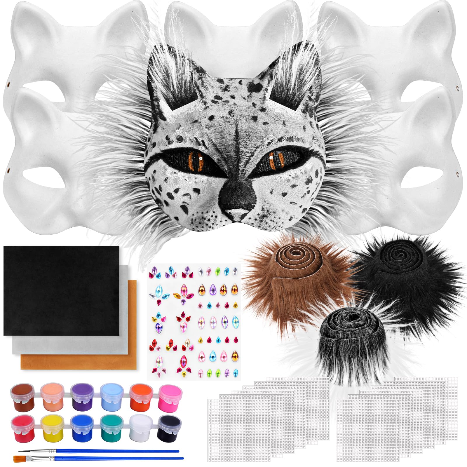 Dreamtop 24 Pcs Therian Cat Mask Set Cat Masks To Decorate Include Blank Cat Mask Felt Fabric Sheet Plush Faux Fur Eye Plastic Mesh Sheet Diamon Sticker Brushes and Paints for Cosplay Halloween โ image 1