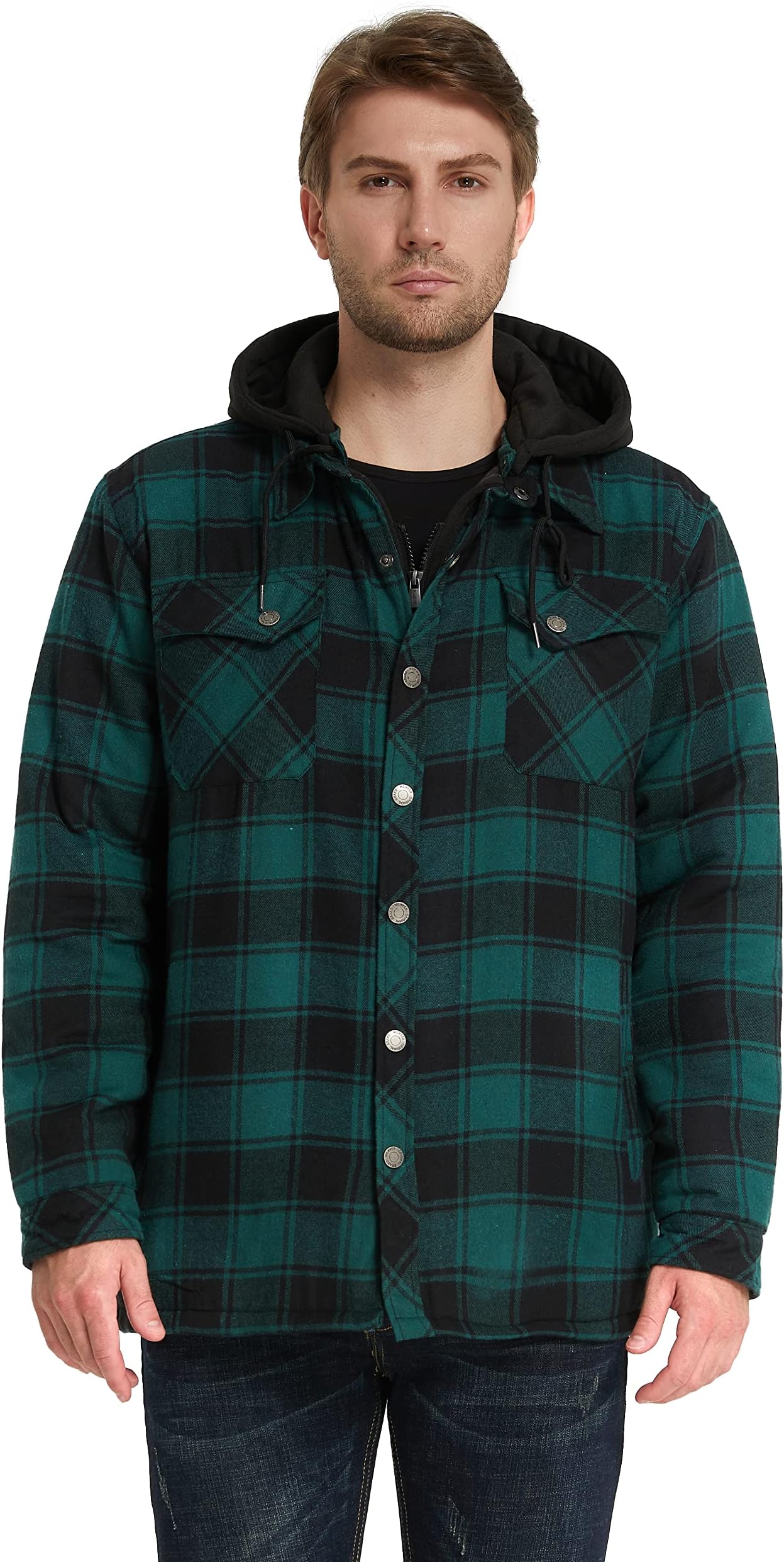 WenVenMen's Thicken Plaid Flannel Quilted Shirts Jacket with Removable Hood