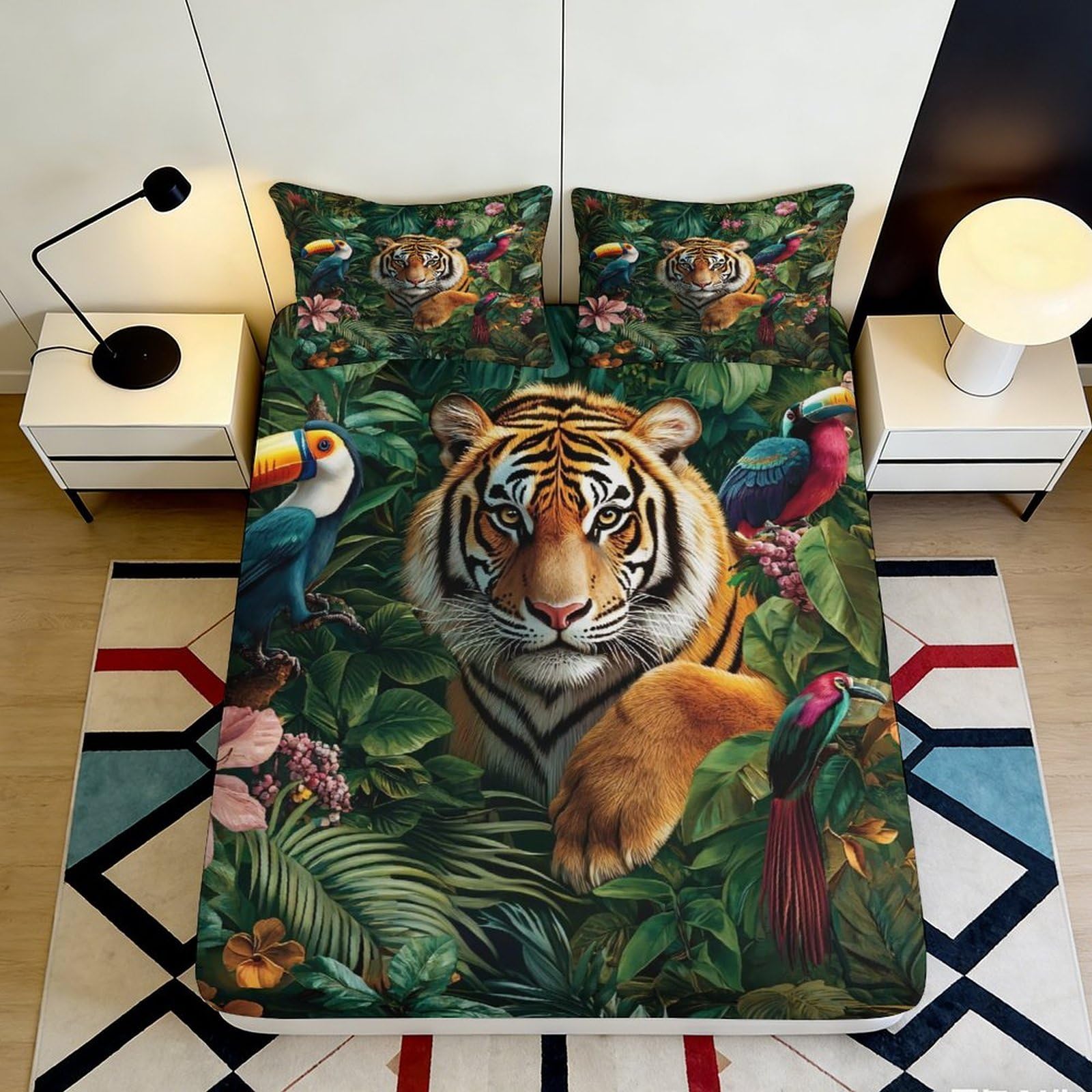 3D Printed Tiger Jungle Fitted Sheet Microfiber Soft Durable Exotic Bird Bed Cover for Bedroom Dormitory Guest Room Mattress Protection 140x200x25cm