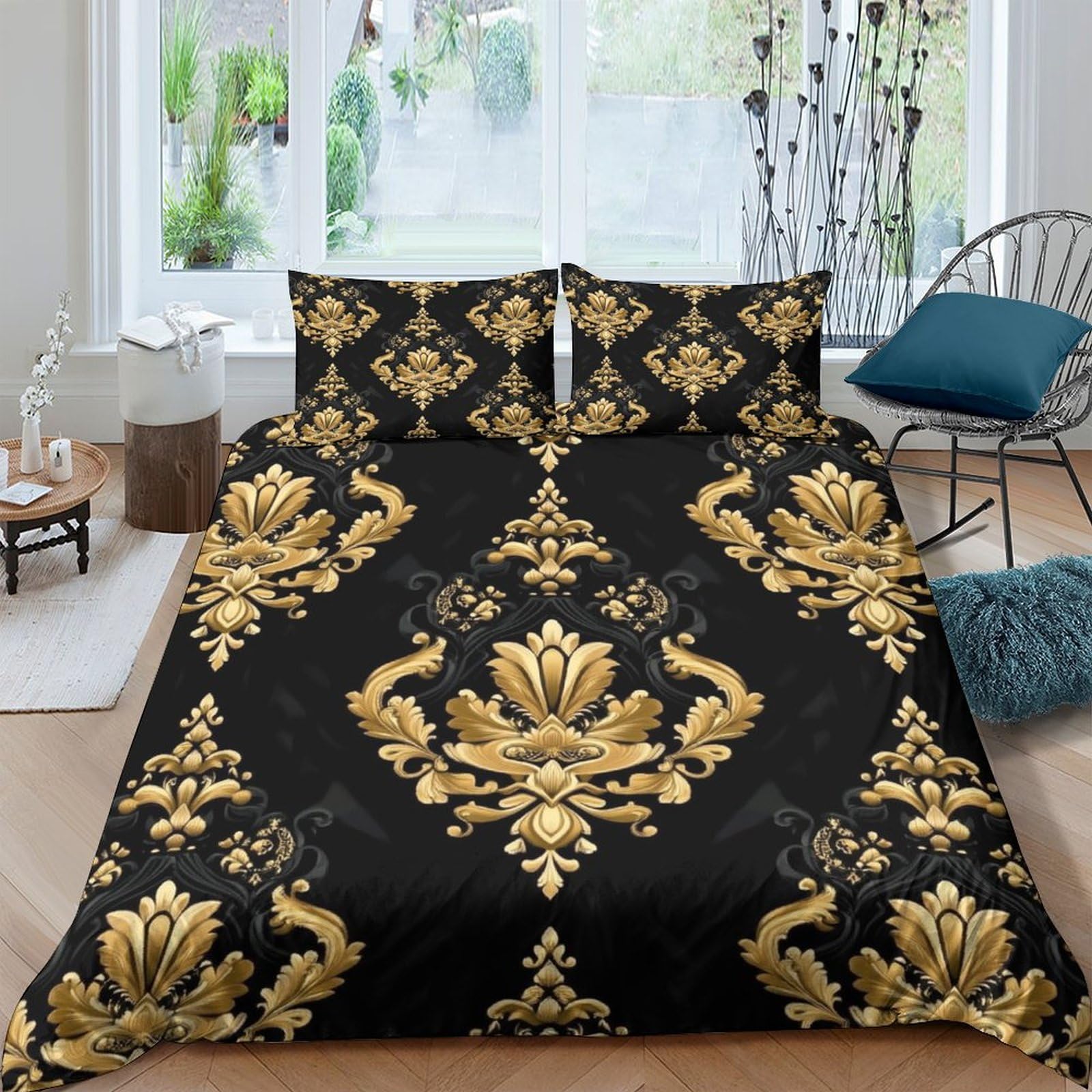 Ctjqhvkz Style-3 3D Printed Baroque Floral Fitted Sheet Microfiber Black Gold Pattern Mattress Cover Bedroom Decor Washable Single（135X200cm）
