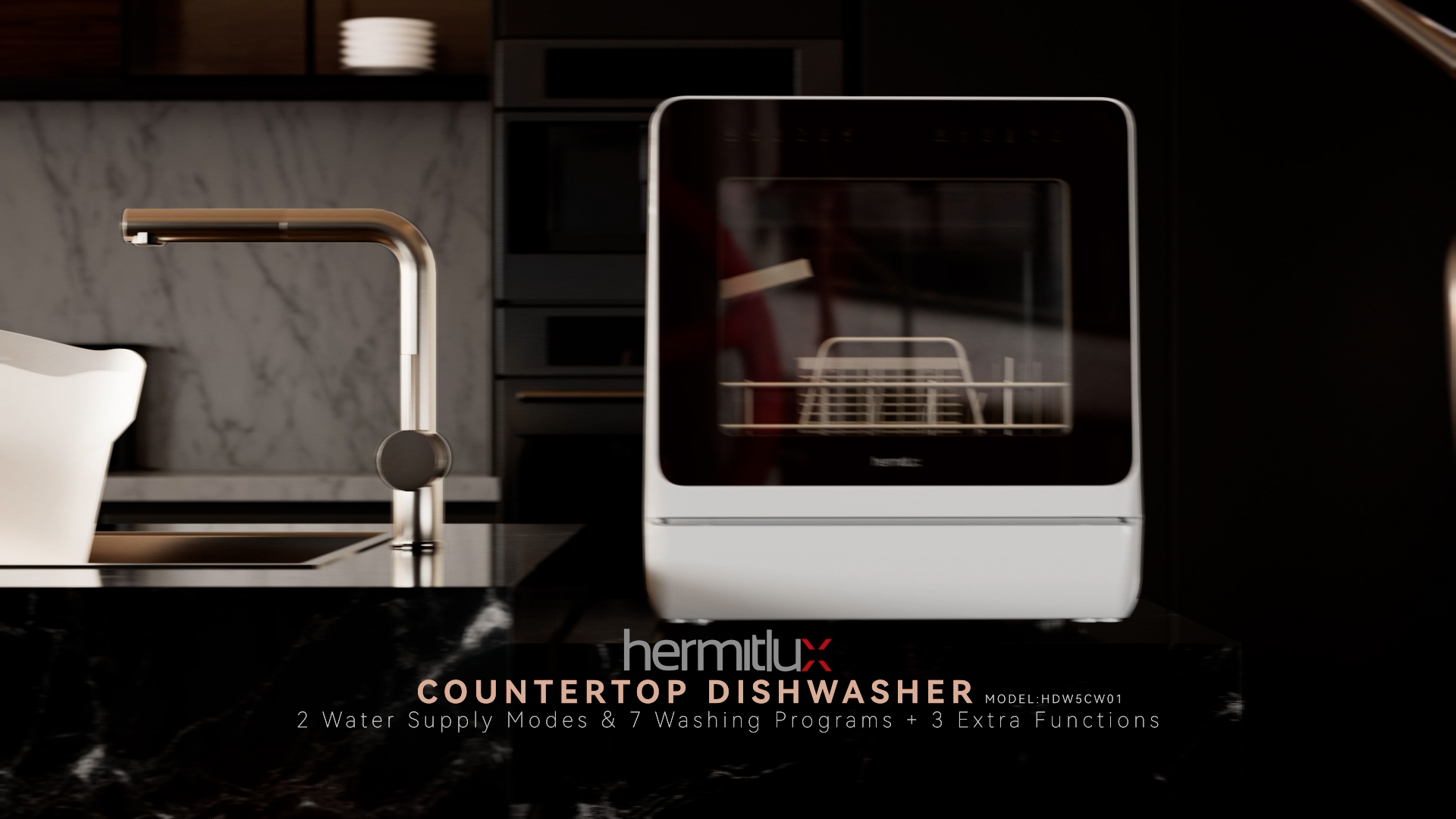 Image of Hermitlux Countertop Dishwasher, 7 Washing Programs Portable Mini Dishwasher with 5-Liter Built-in Water Tank for Apartments & RVs, LED Light, Glass Door, No Hookup Needed