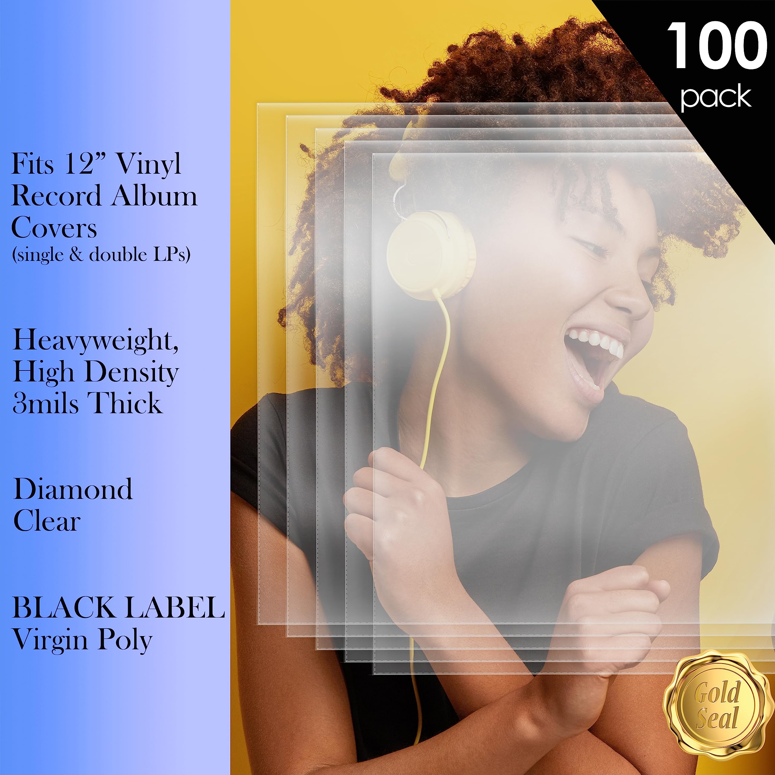 Gold Seal - Fundas exteriores para discos de vinilo de 12 pulgadas, 3 mils de grosor, protectores de cubierta de discos pesados de alta calidad, polipropileno transparente de diamante de alta