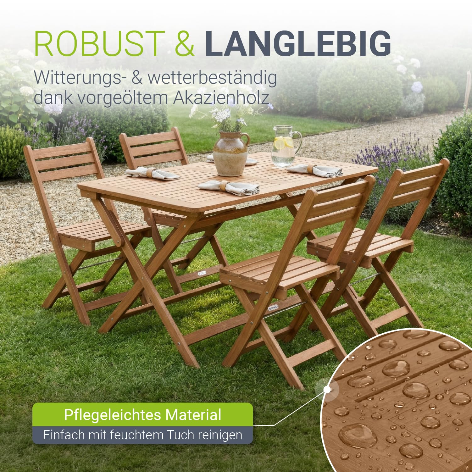Juskys® Gartenmöbel Set Rimini - Natur, Akazie Holz, inkl. 4er Set Stühle & Tisch, Stabil, Langlebig