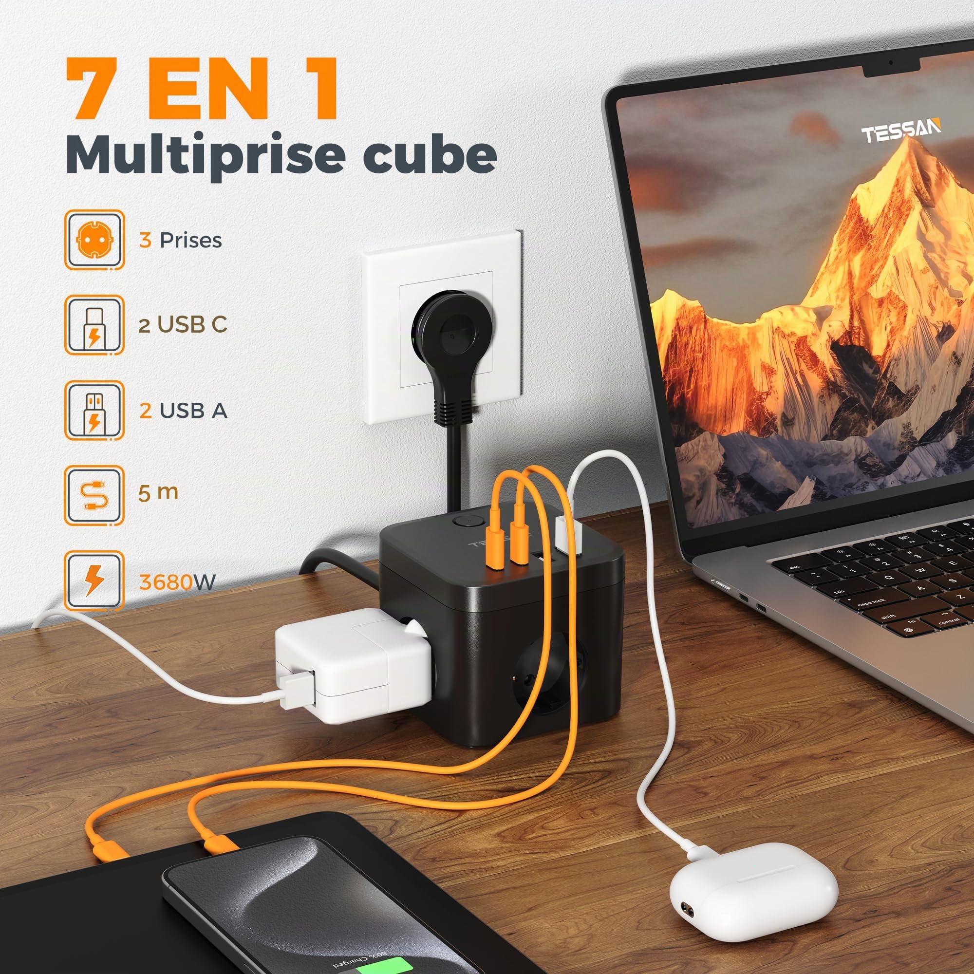 TESSAN Multiprise avec USB C PD 20W, Rallonge Electrique 5M, Noir