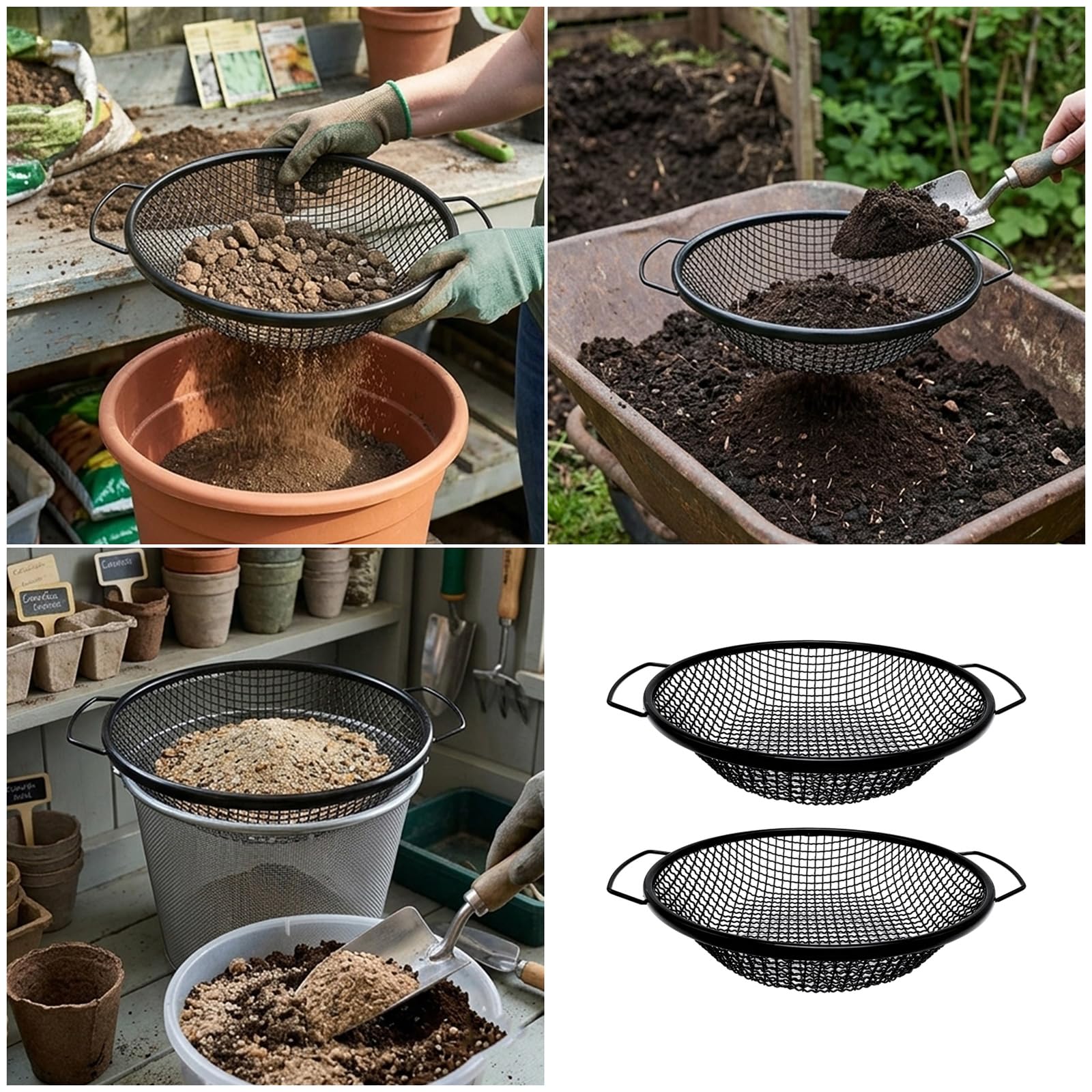 Set di setacci per terriccio da giardino in rete metallica con maniglie laterali, setaccio rotondo per terriccio da 30 cm, per terriccio per terriccio e compost, separatore di sporco, detergente per