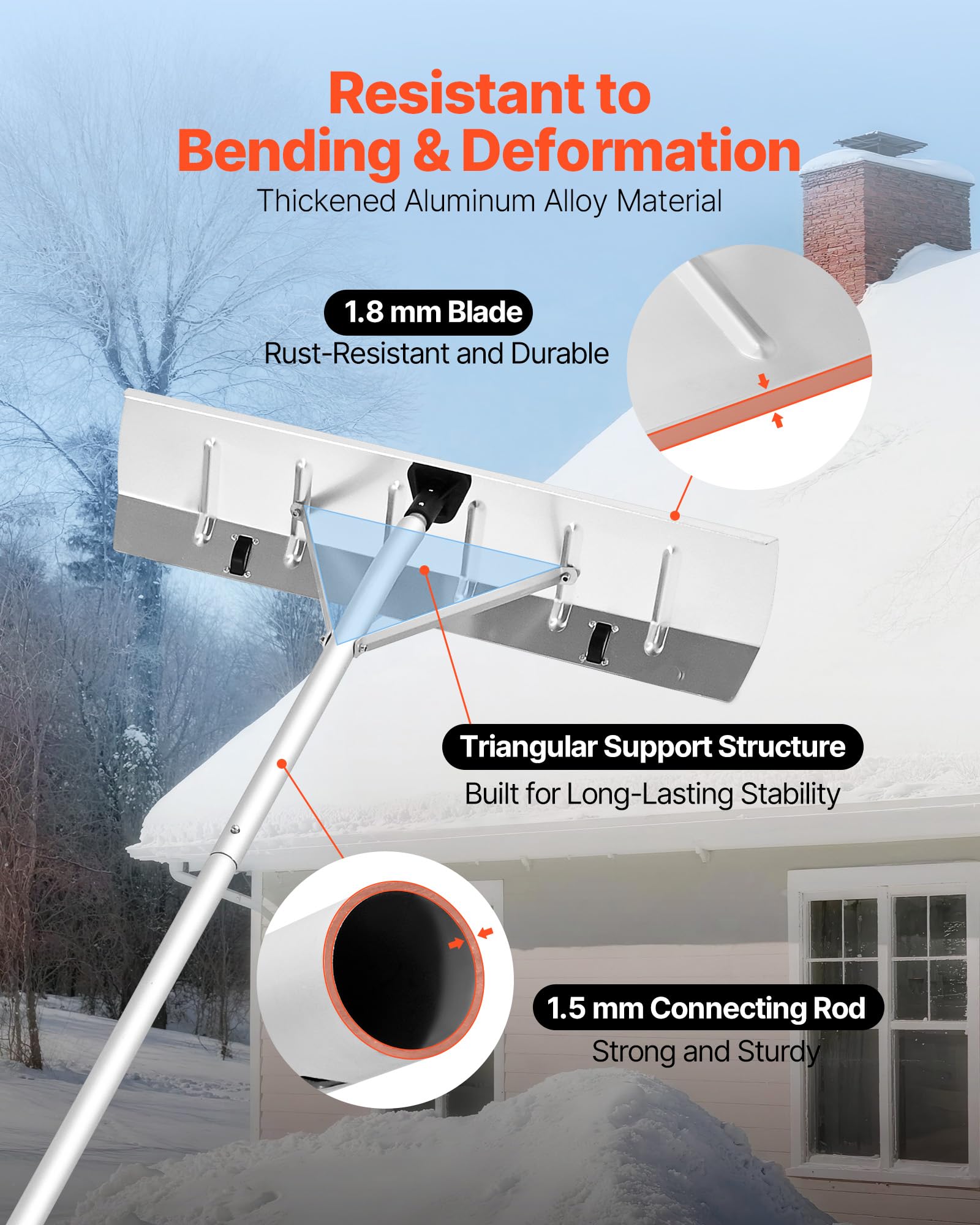 VEVOR Schnee Dachrechen, 66 cm Alu-Klinge, 142–606 cm Verstellbarer Schneeschieber mit Rädern, Schneeräumwerkzeug mit rutschfestem Griff, Hausdachrechen zum Entfernen von Laub & Schnee