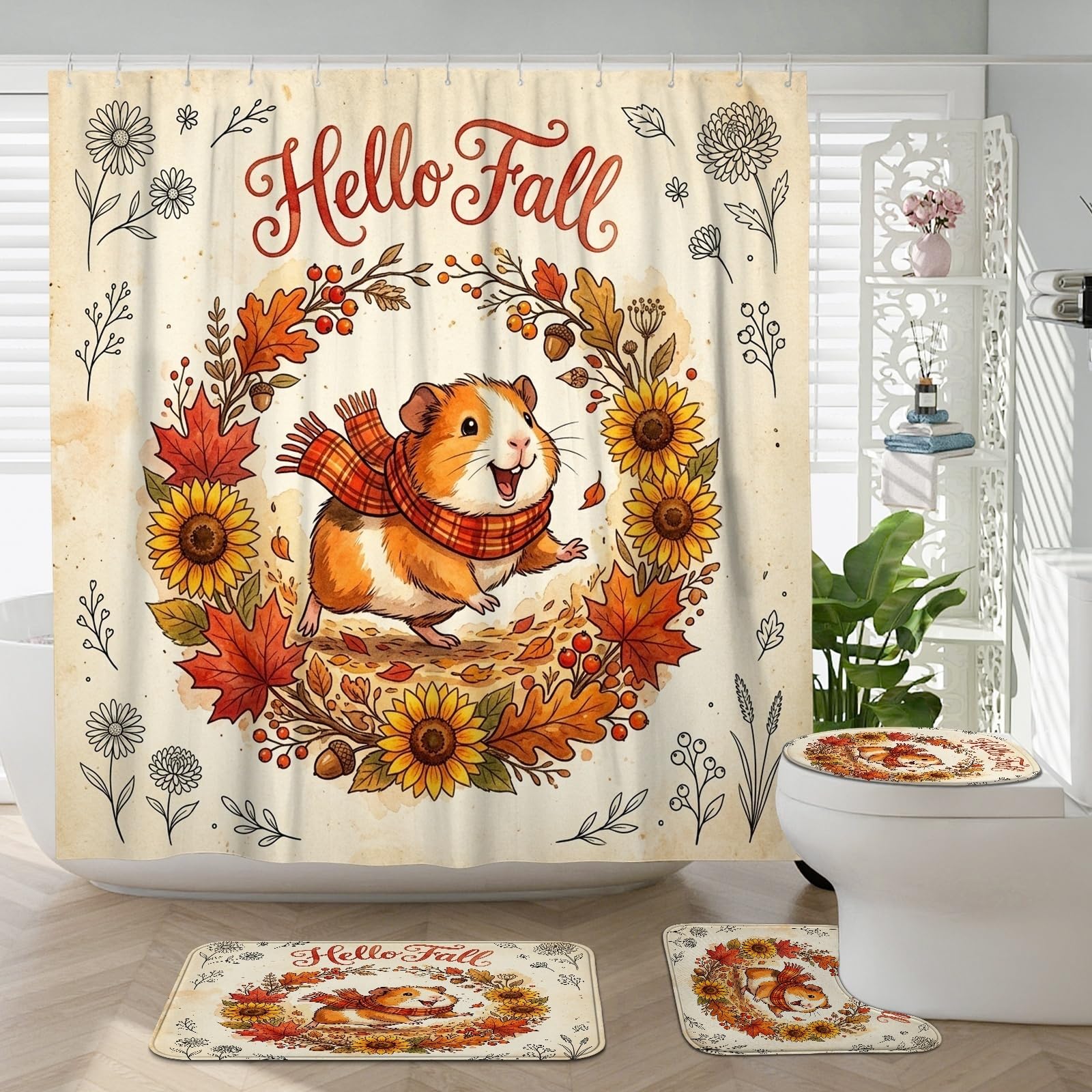 Accessoires de salle de bain cochon d'Inde avec rideau vintage et tapis en U