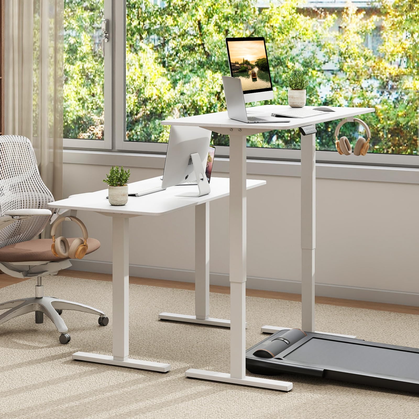 COSTWAY Höhenverstellbarer Schreibtisch 120 x 60 cm, elektrischer Stehschreibtisch mit Haken & Kabelmanagement, Steh-Sitz Tisch mit Memory Funktion & Kollisionschutz, Computertisch (Weiß)