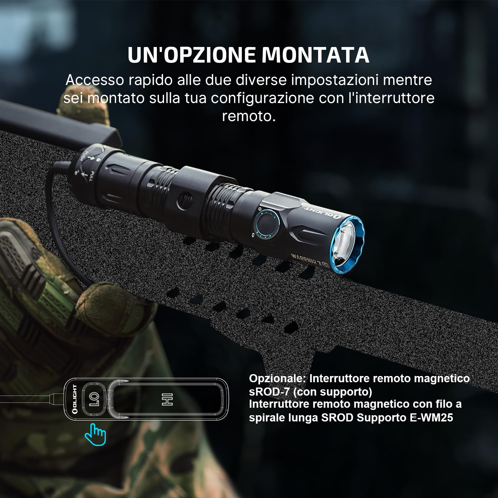 OLIGHT Warrior 3S Potente Torcia Max 2,300 Lumen, 300 Metri, 6 Uscite, 130 ore di Funzionamento Torcia con Doppio Interruttore a Led per Esterni, Forze Dell'ordine (Nero)