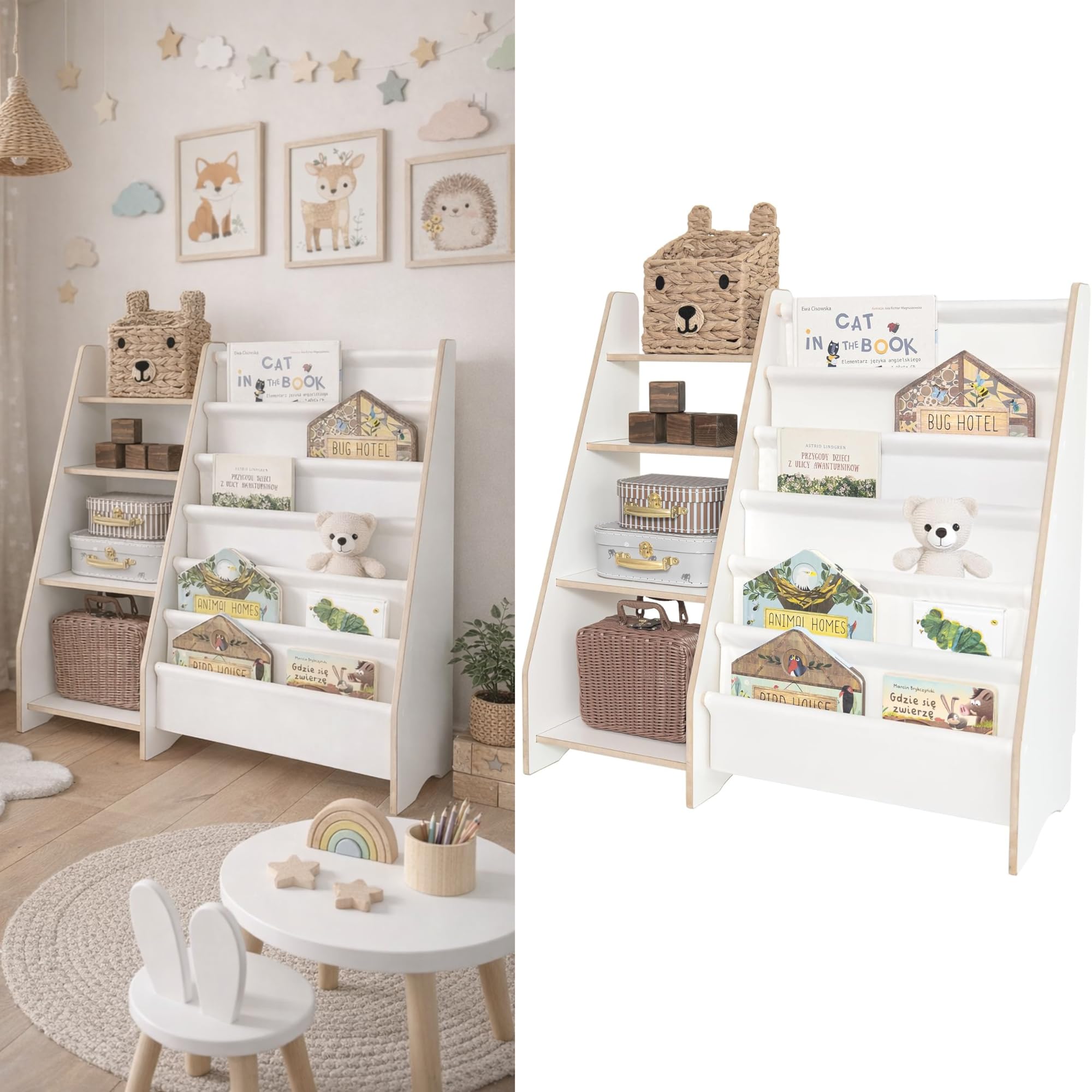 MAMOI® Bücher- und Spielzeugregal für Kinder, funktionales 2-in-1-Regal, Organizer mit Ablagen und Stofftaschen, Kinderbibliothek, Möbel im Montessori-Stil, 100% ökologisch, hergestellt in der EU