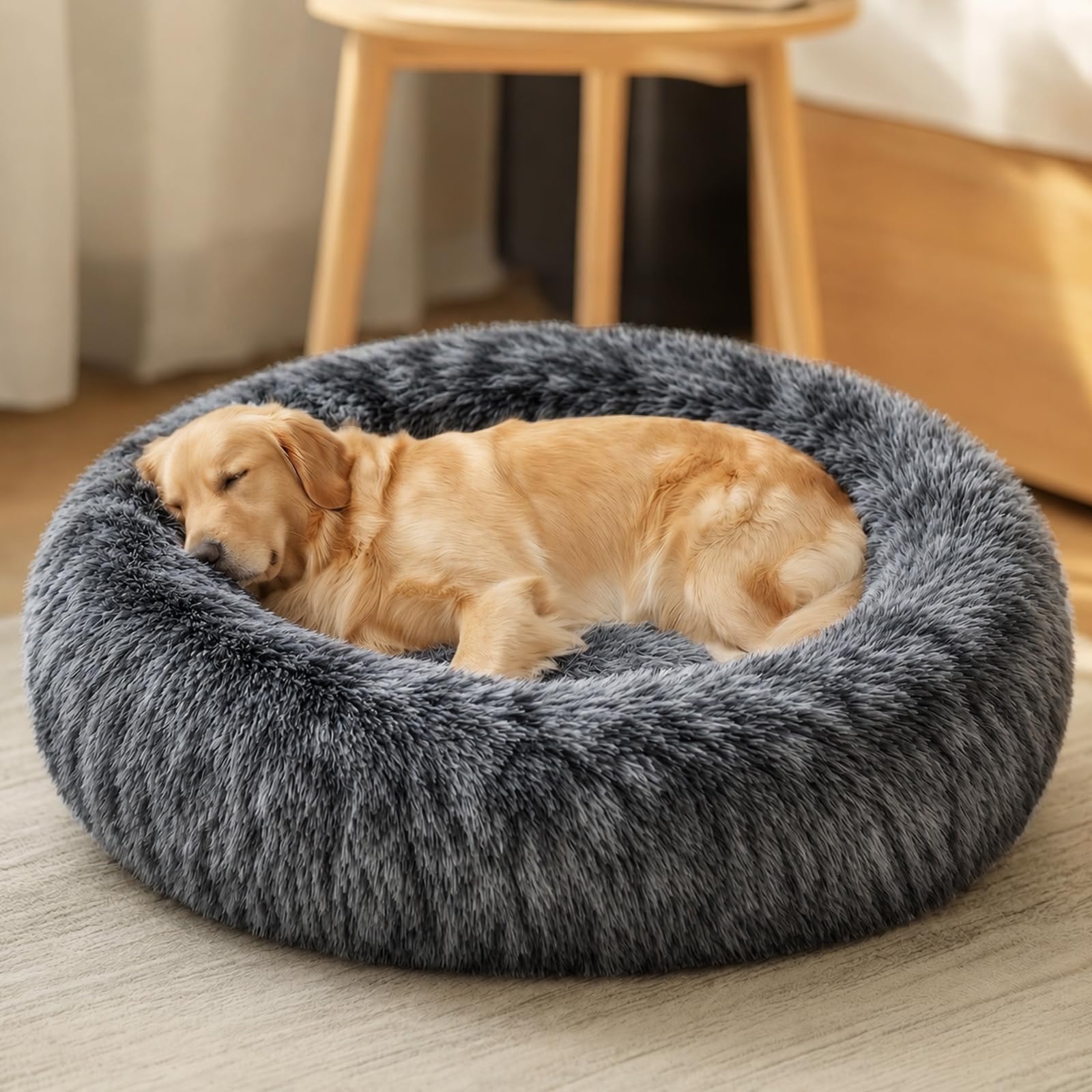JOLLYVOGUE Calming Dog Beds Extra Large Sized Dog, 45in Donut Washable Large Pet Bed, Anti-Slip &amp; Anti-Anxiety Fluffy Faux Fur Round Dogs Bed, Fits up to 125 lbs Pets (Smoke Black)
