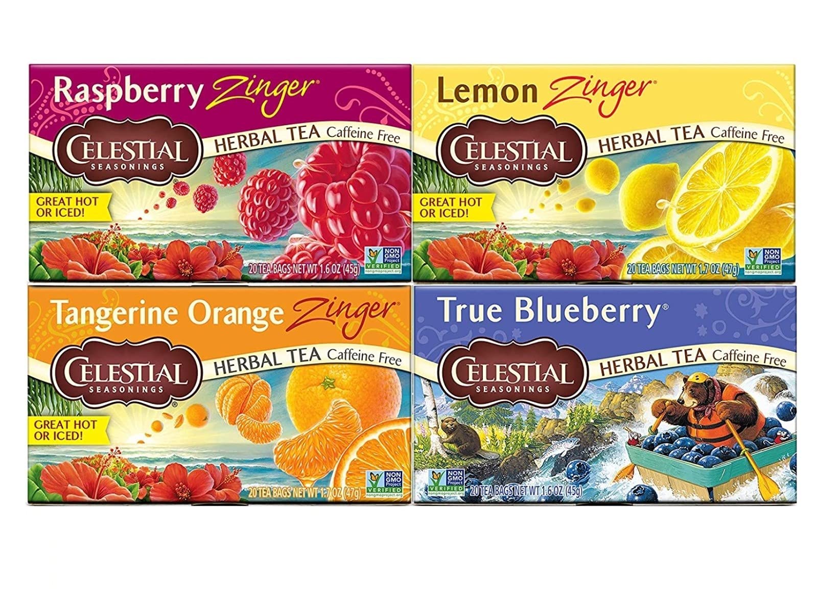 Celestial Seasonings Variety Pack, Raspberry Zinger, Lemon Zinger, Tangerine Orange Zinger, and True Blueberry (Pack of 4) - Gluten Free & Caffeine Free W/ Custom F.O.Y Honey Sticks