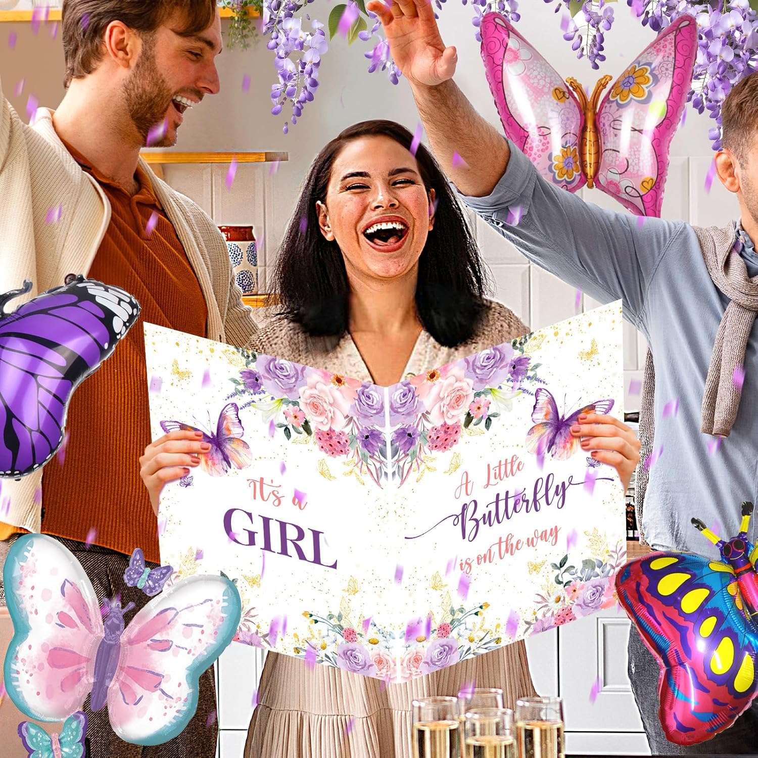 Giant It's a Girl Greeting Card 22 x 14 inch A Little Butterfly is On The Way Baby Shower Decorations Floral Large Pink Purple Jumbo Baby Shower Greeting Card for Girl Gender Reveal Party Decor - Image 2