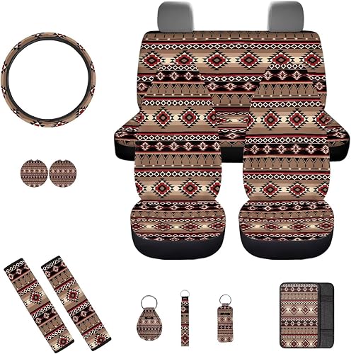 Quelytytrip 13 PCs Brown Aztec Car Seat Covers Full Set,Steering Wheel Cover,Sea