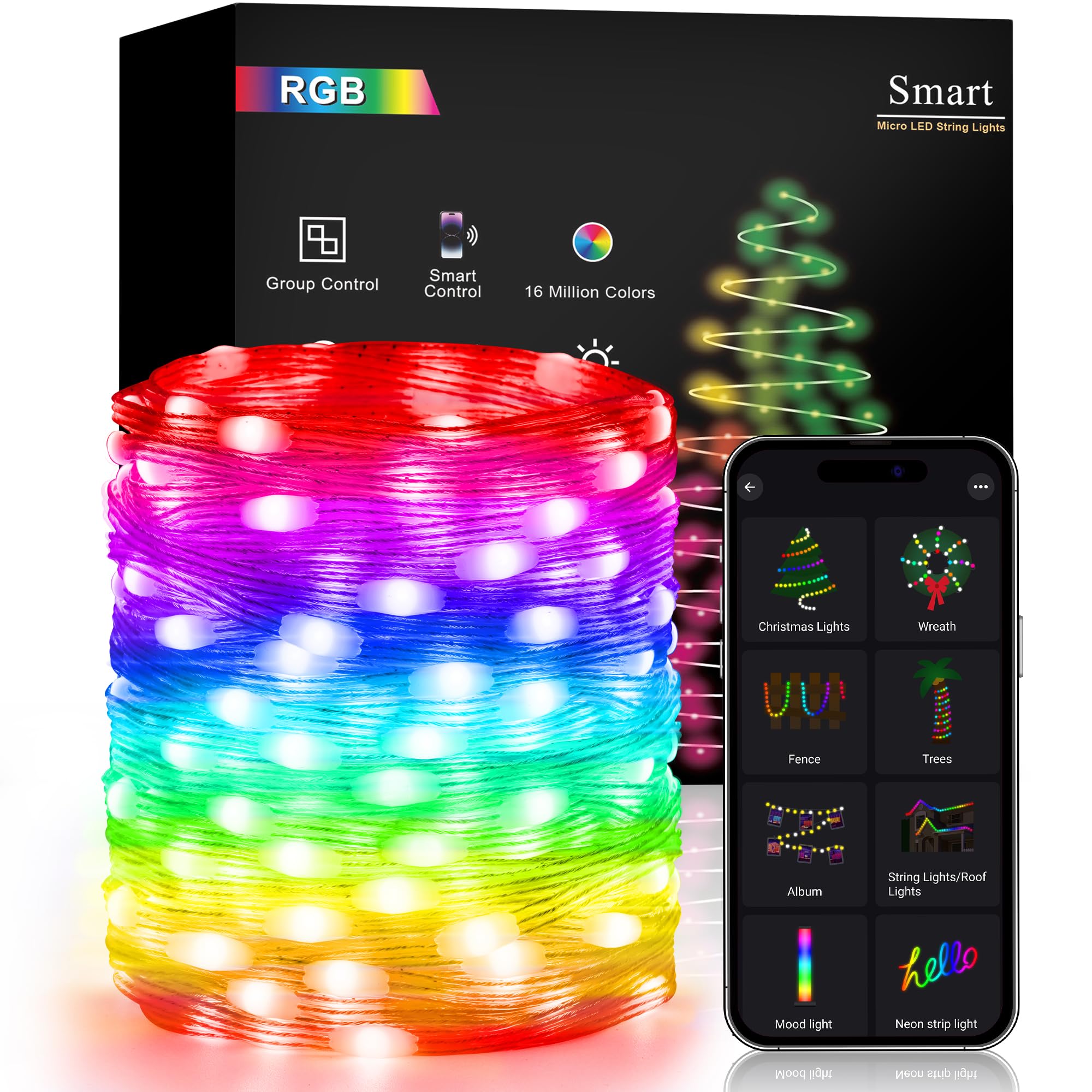 Brizled Smart Fairy Lights, App Controlled Bluetooth Fairy Lights, 33ft 100 LED USB Power Color Changing RGB Christmas Lights, Dimmable LED String Lights for Xmas Party Room Camping Patio Garden Decor