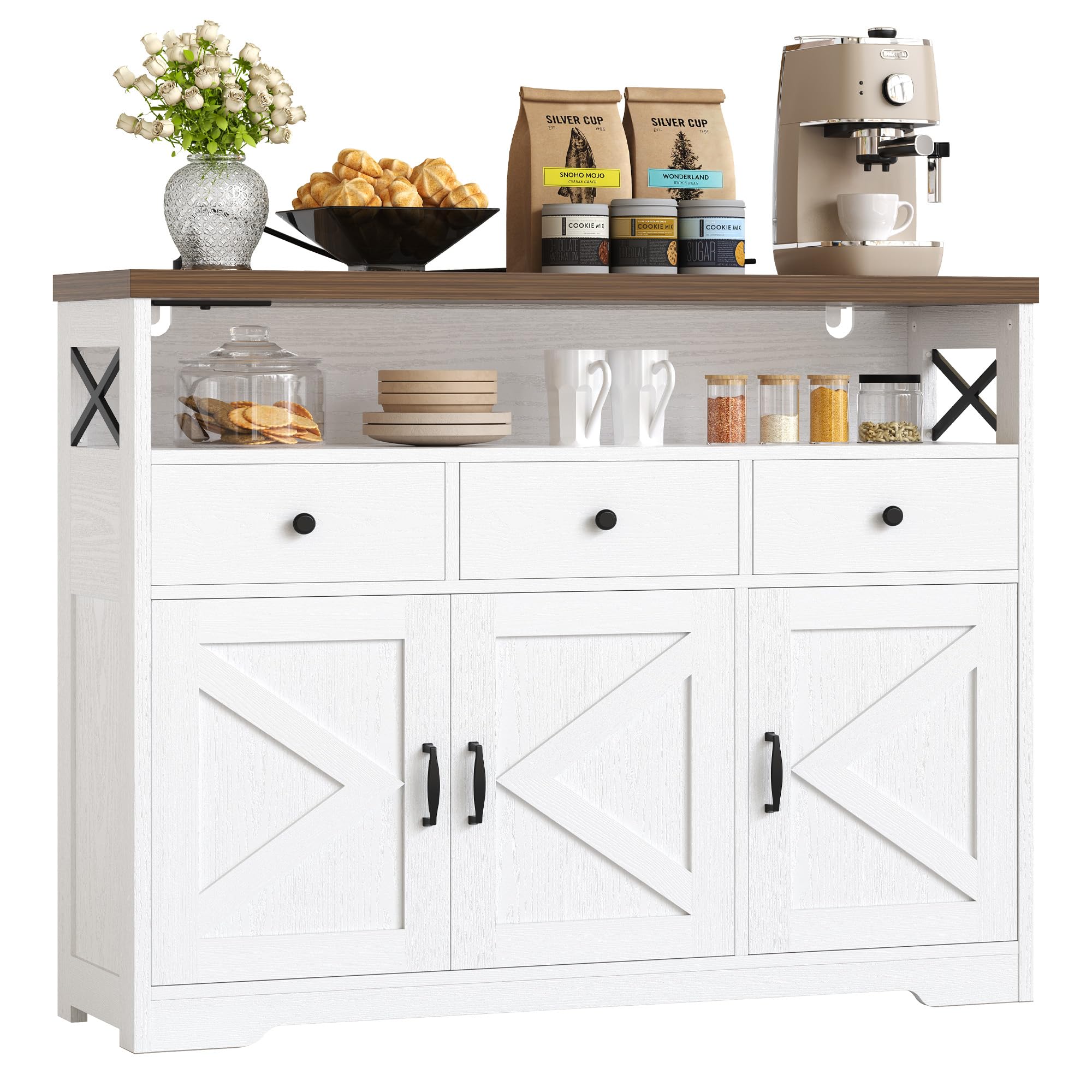 IRONCK Küchenschrank Sideboard mit Steckdose 2AC+1USB+1C, Aufbewahrungsschrank 3 Schubladen 3 Türen, Küchenbuffet Kaffeebar Schrank für Wohnzimmer Esszimmer, verstellbare Ablage 107x35x95cm (Weiß)