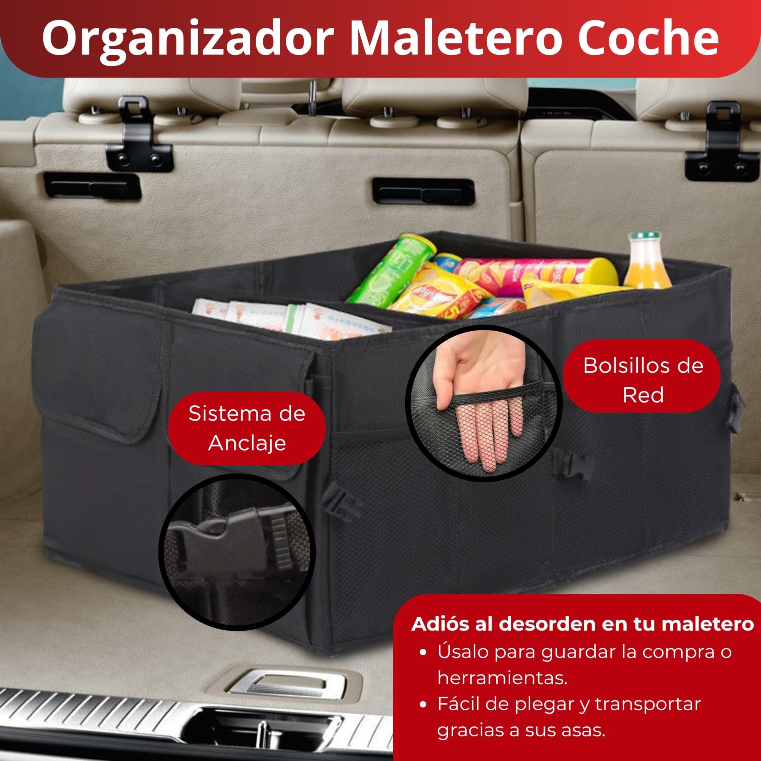 Organizador Maletero Coche Plegable - Flexible - Impermeable | 3 Compartimentos y 6 Bolsillos │ Asas Reforzadas │ Tamaño Adecuado para Coche, SUV o Furgoneta │ Mantén el Maletero Ordenado