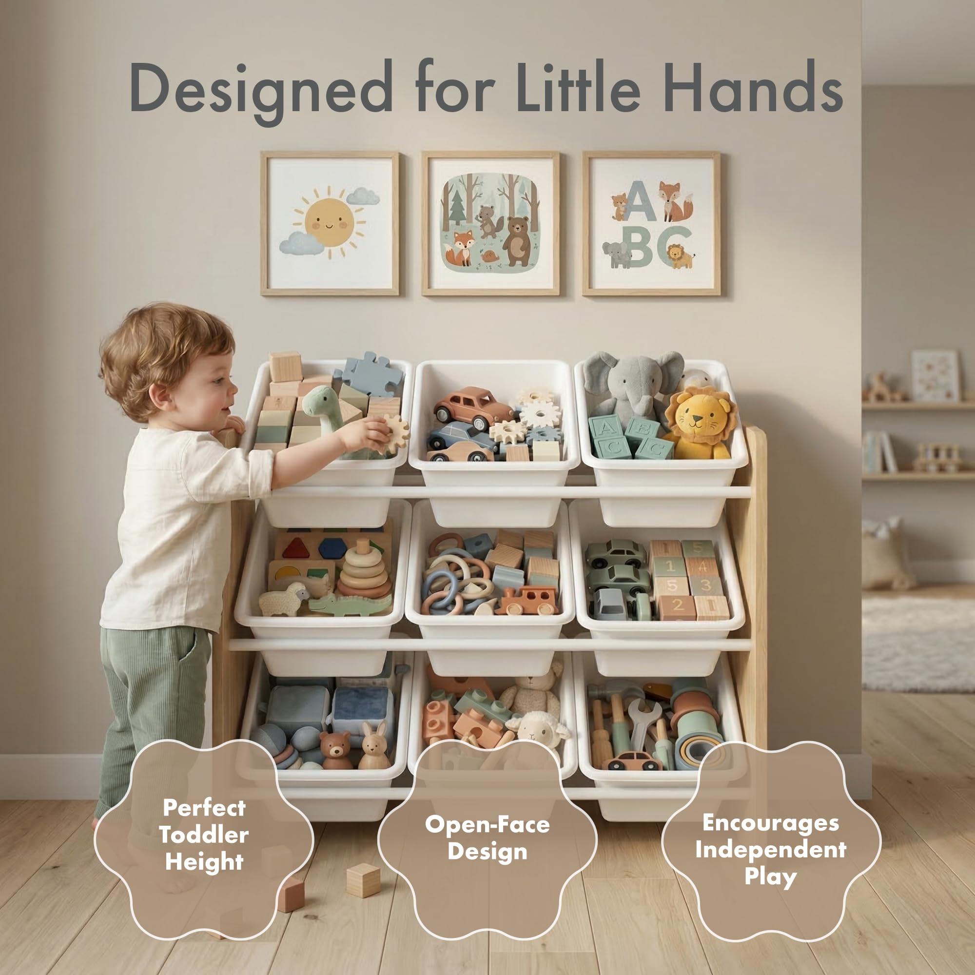 HumbleCrew Scaffale Bambini Ecologico: Organizer Giocattoli con 9 Contenitori, Design Naturale/Bianco, Perfetto per Camerette Moderne e Ordinate